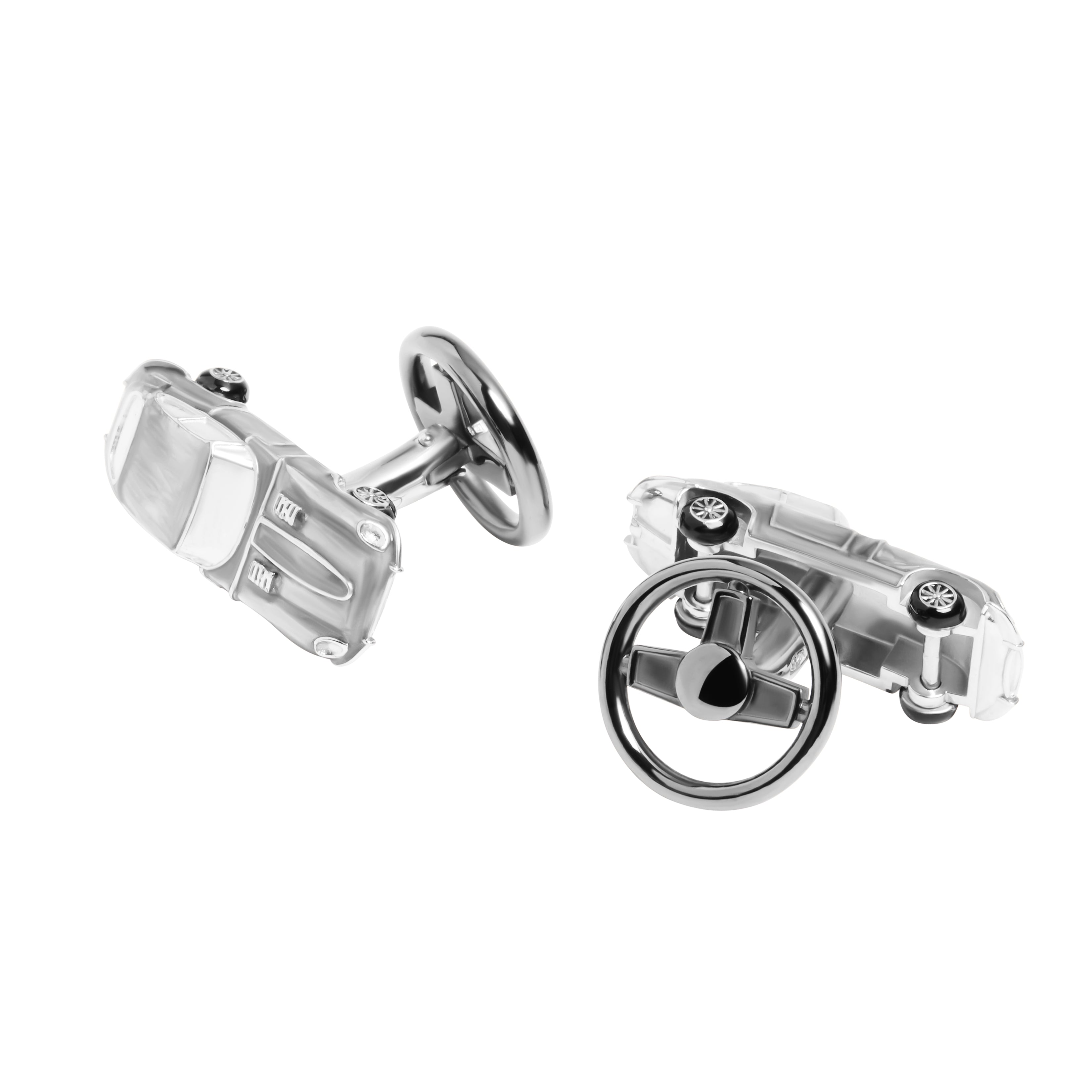 Sterling silver 3D vintage sedan cufflinks with white mother-of-pearl roof inlay, black enamel wheel details, and a steering wheel swivel toggle backing.