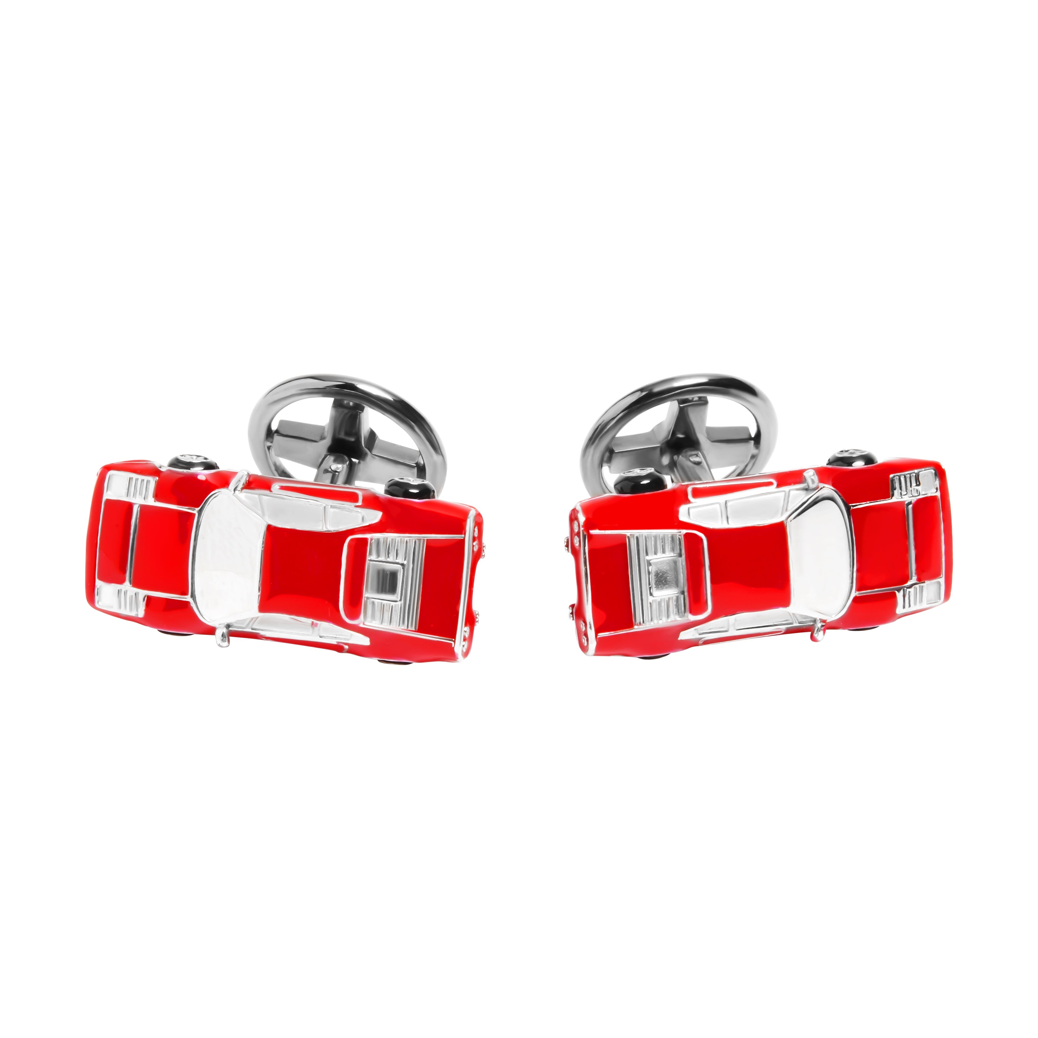 3D red and white enamel classic muscle car cufflinks with sterling silver detailing and swivel toggle backings.