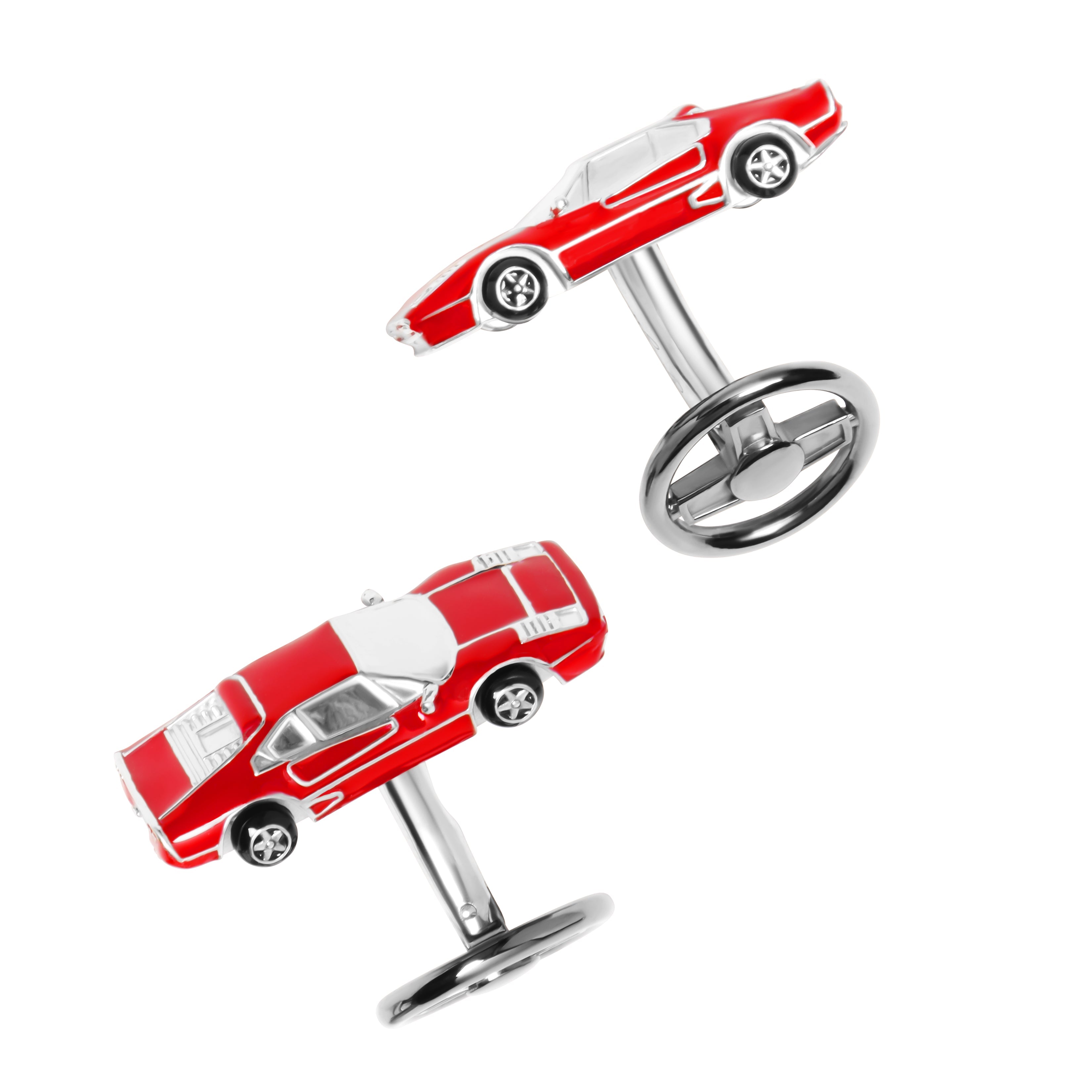 3D red and white enamel classic muscle car cufflinks with sterling silver detailing and swivel toggle backings.