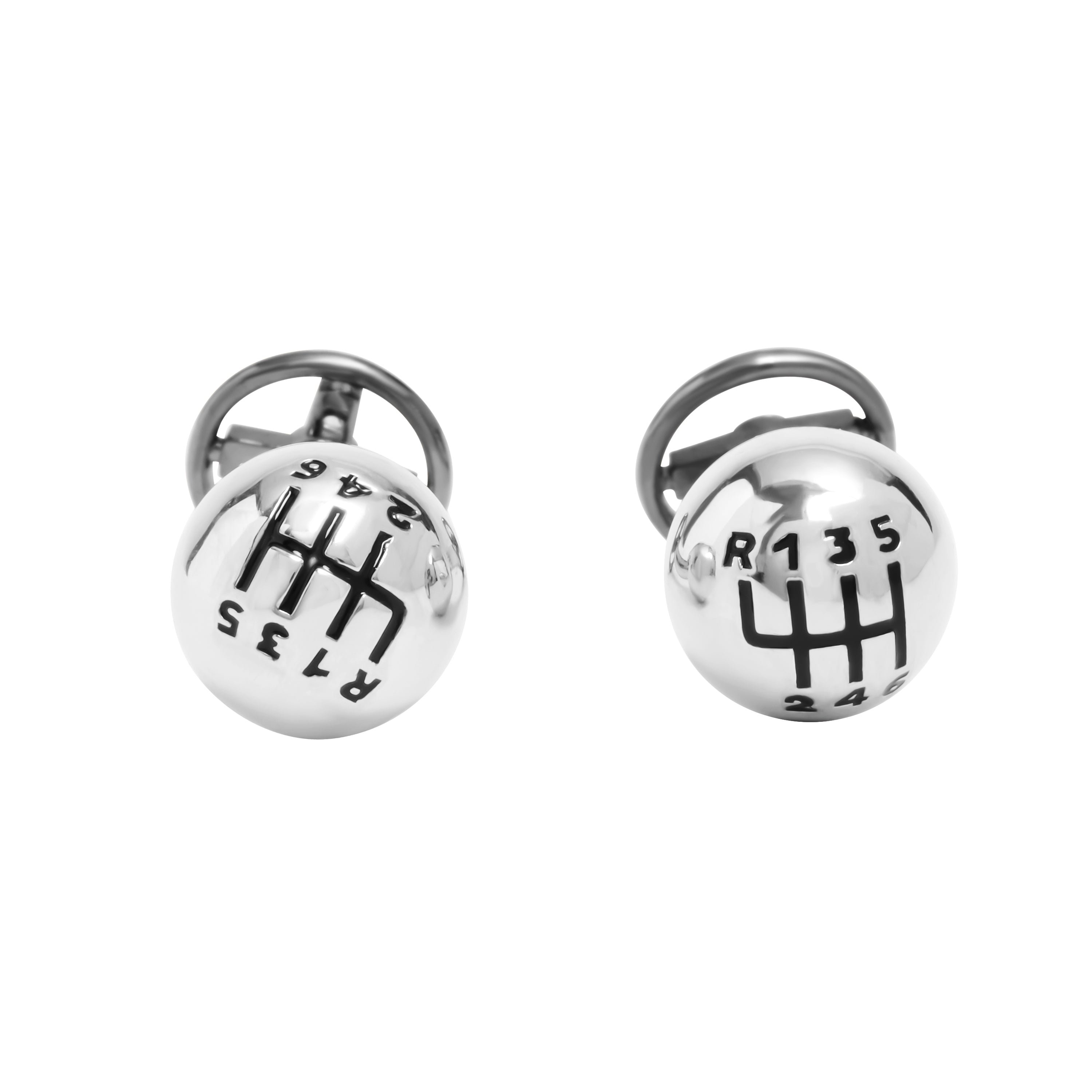  sterling silver 3D gear shift knob cufflinks on curved post with engraved 6-speed pattern and gunmetal steering wheel back closure.