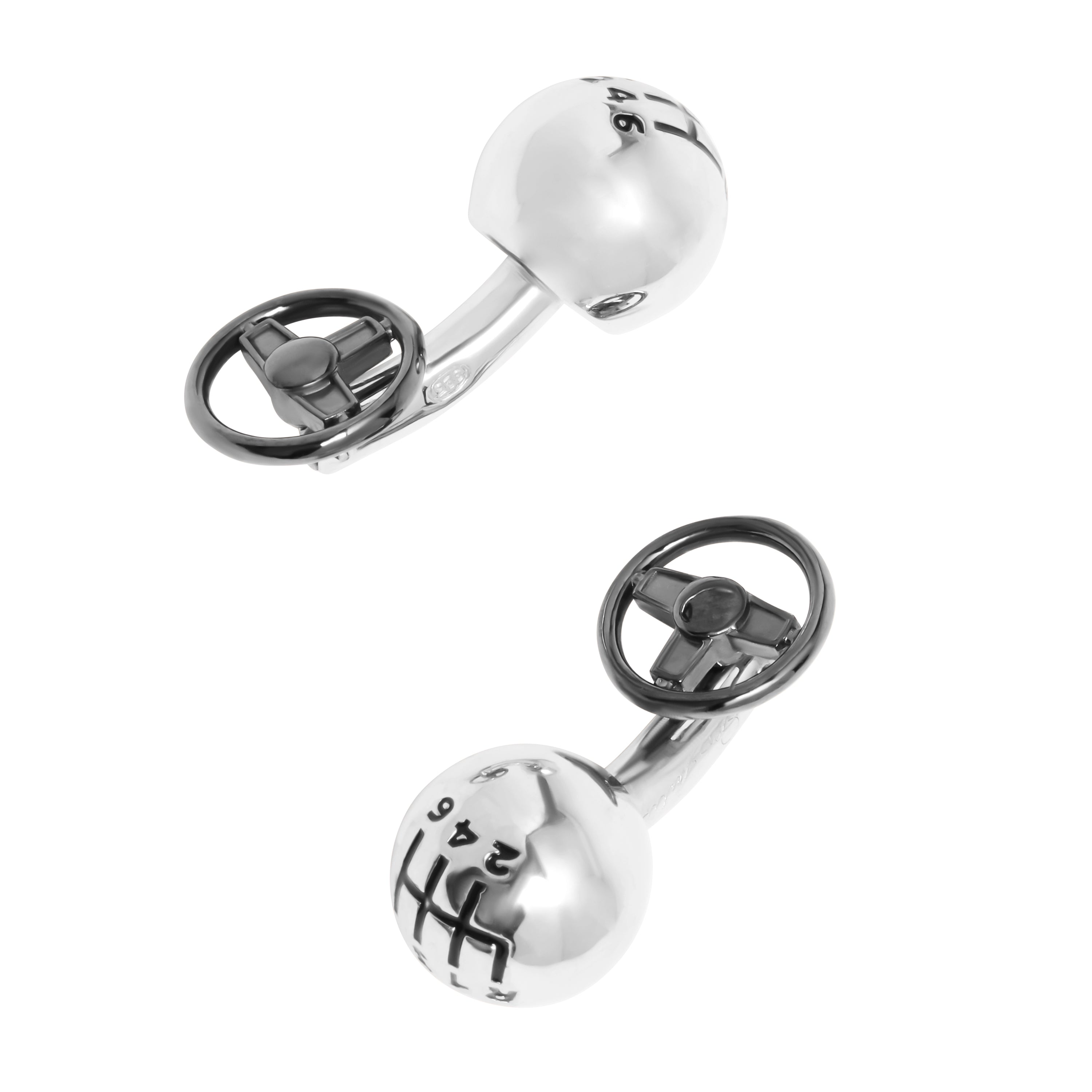 Polished sterling silver 3D gear shift knob cufflinks with engraved 6-speed H-pattern and gunmetal 3-spoke steering wheel back closure.