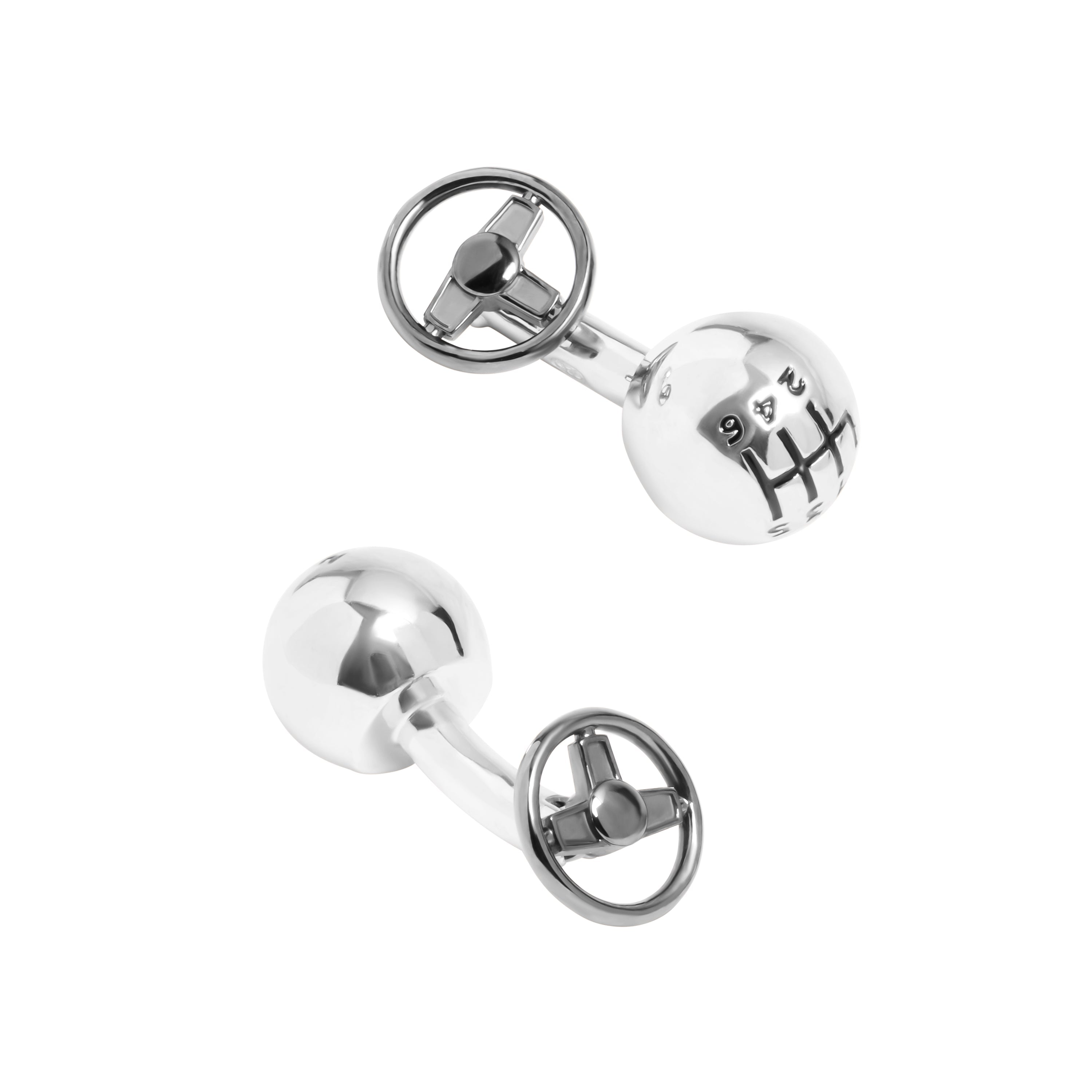Polished sterling silver 3D gear shift knob cufflinks with engraved 6-speed H-pattern and gunmetal 3-spoke steering wheel back closure.