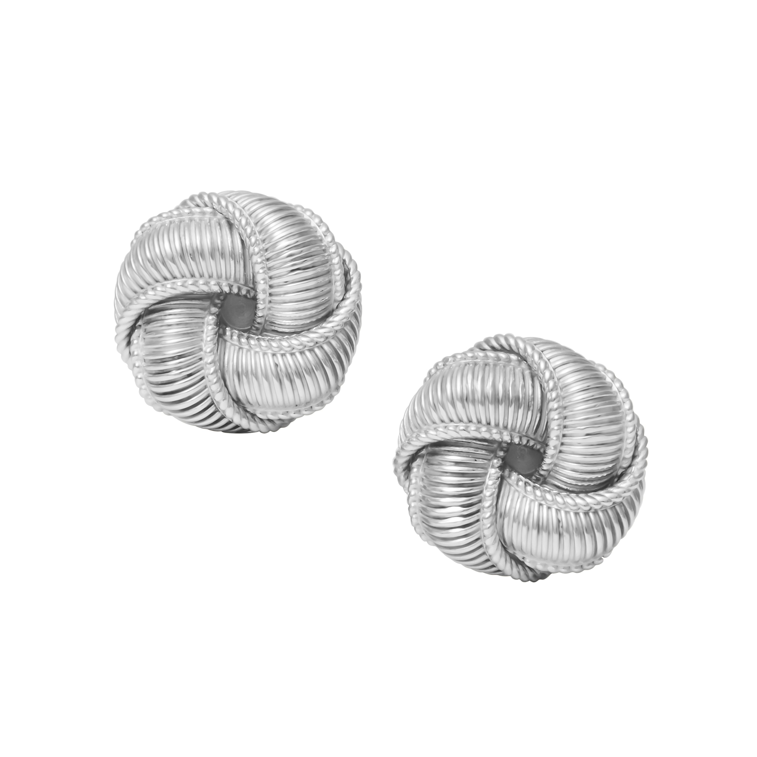 Sterling silver ribbed rope knot cufflinks showcasing the intricately woven 3D love knot face.