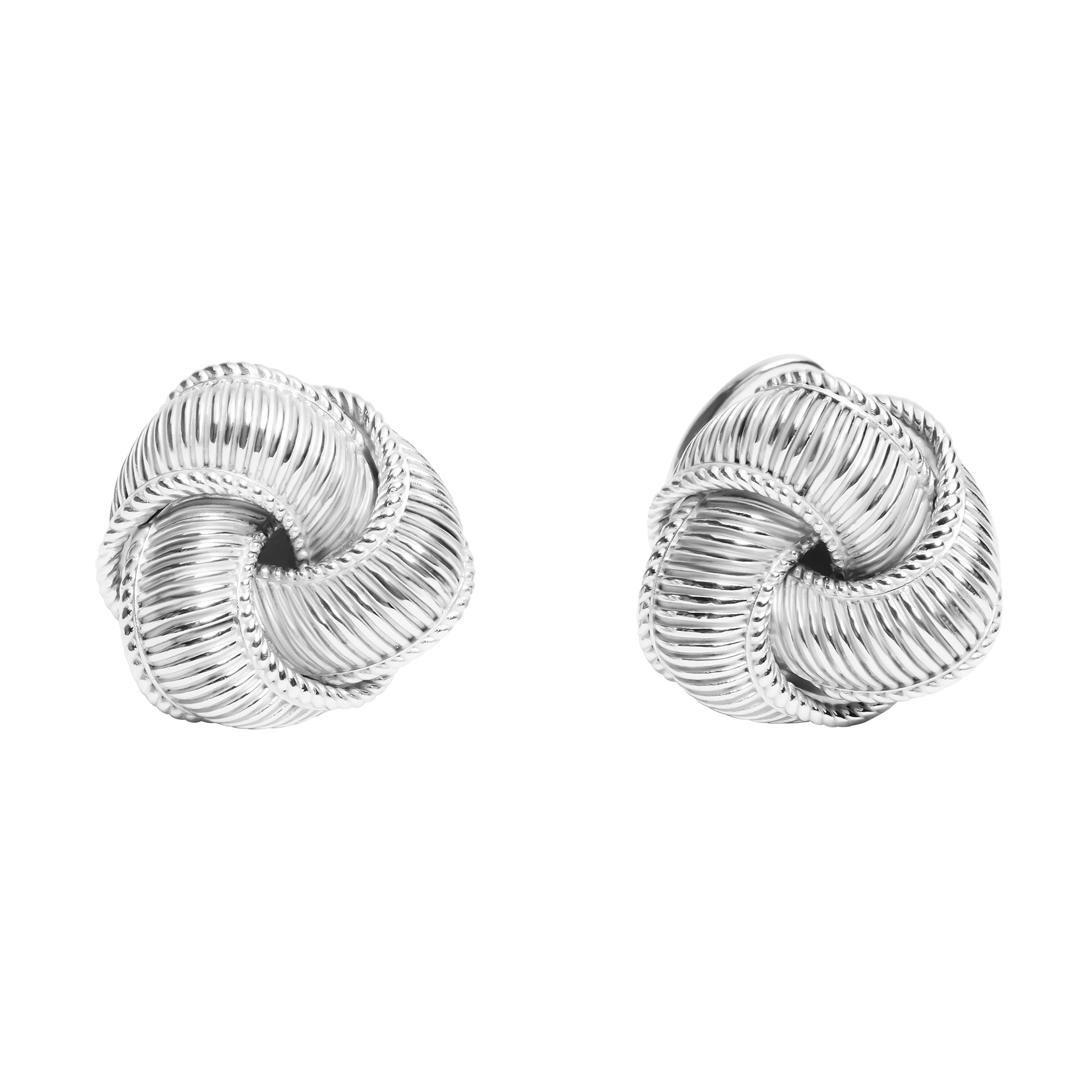 Sterling silver ribbed love knot stud earrings with rope-textured interlocking swirl design and butterfly back.