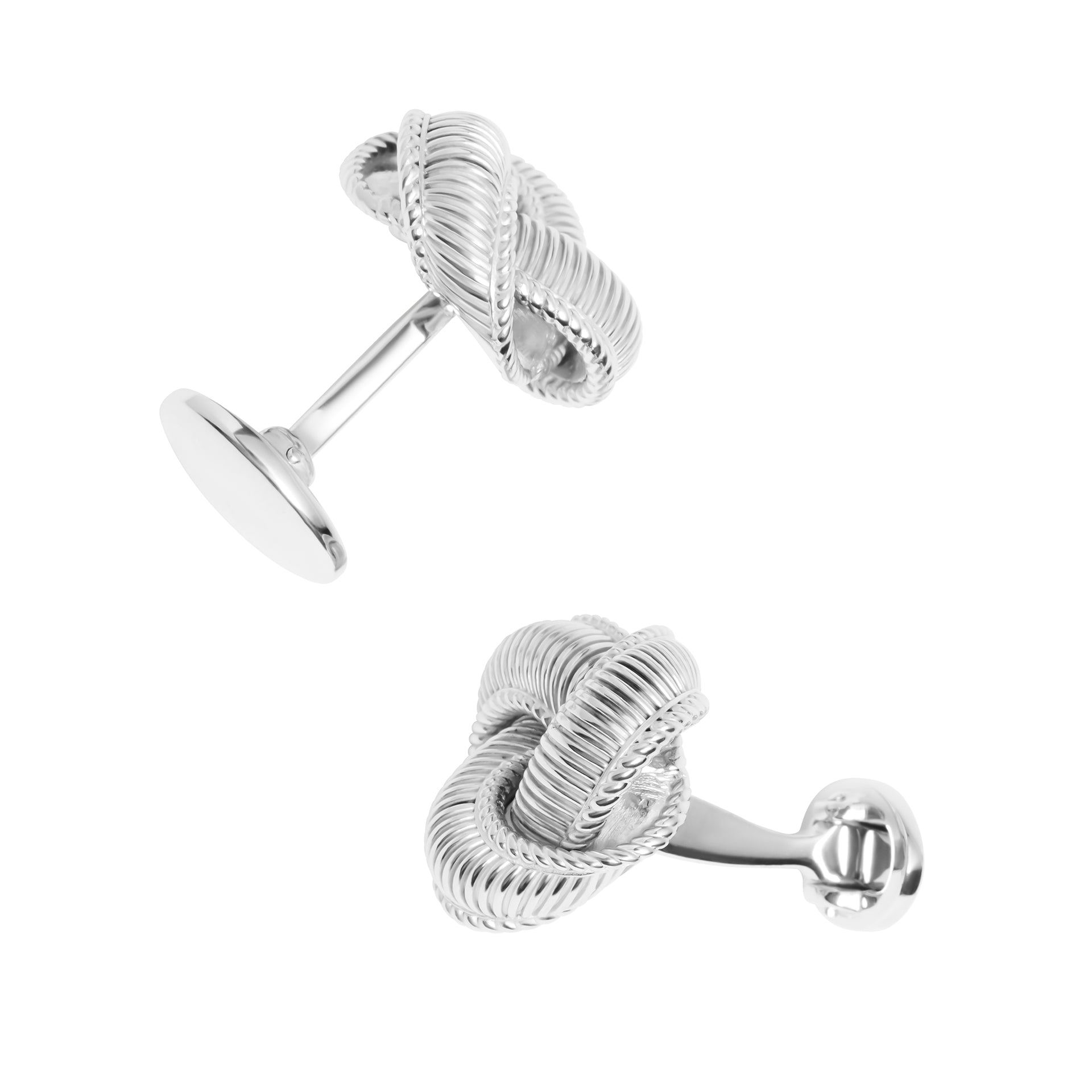 Sterling silver ribbed love knot cufflinks with rope-textured interlocking swirl face and oval toggle back closure, luxury men's fine jewelry.