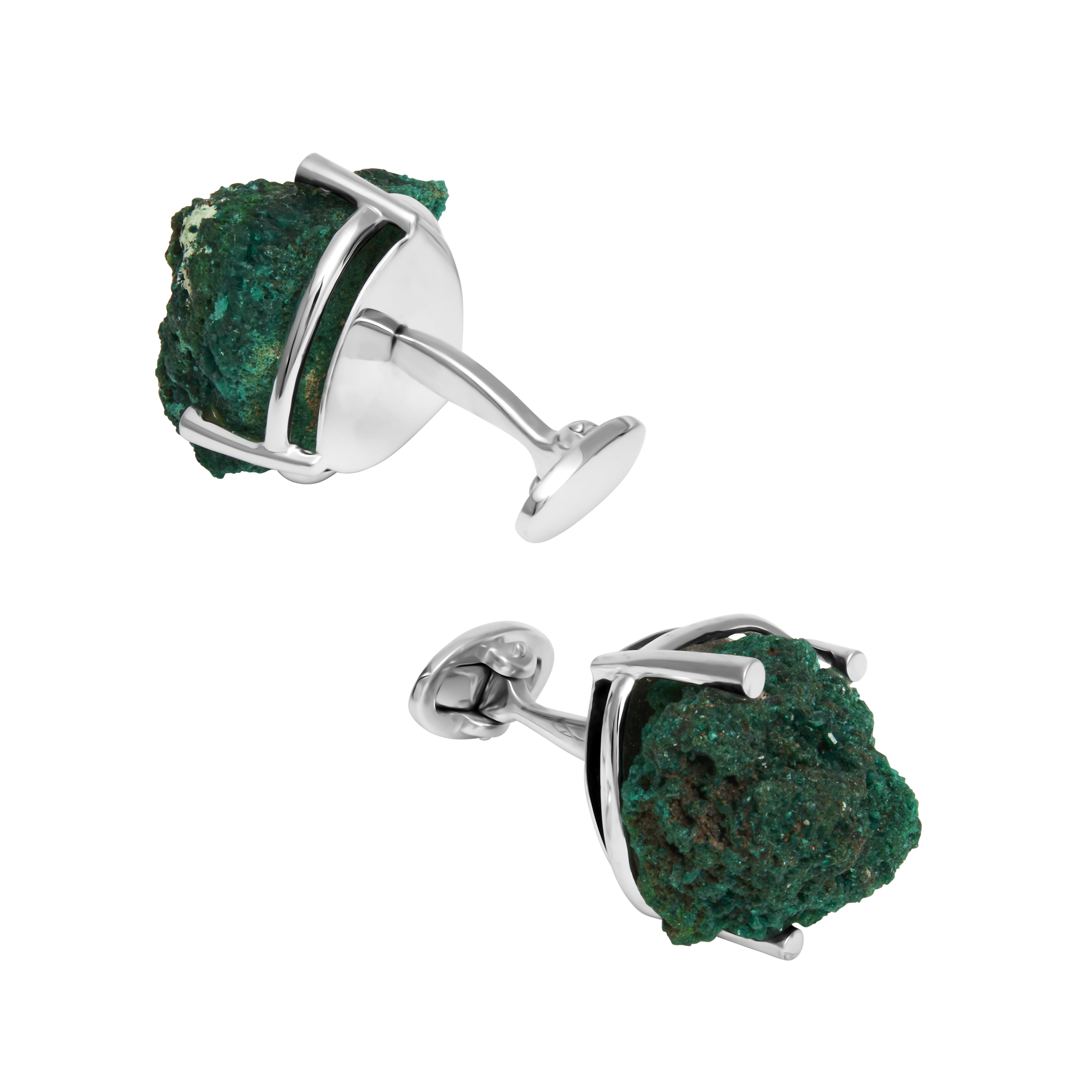 Raw malachite gemstone cufflinks in a polished sterling silver cage