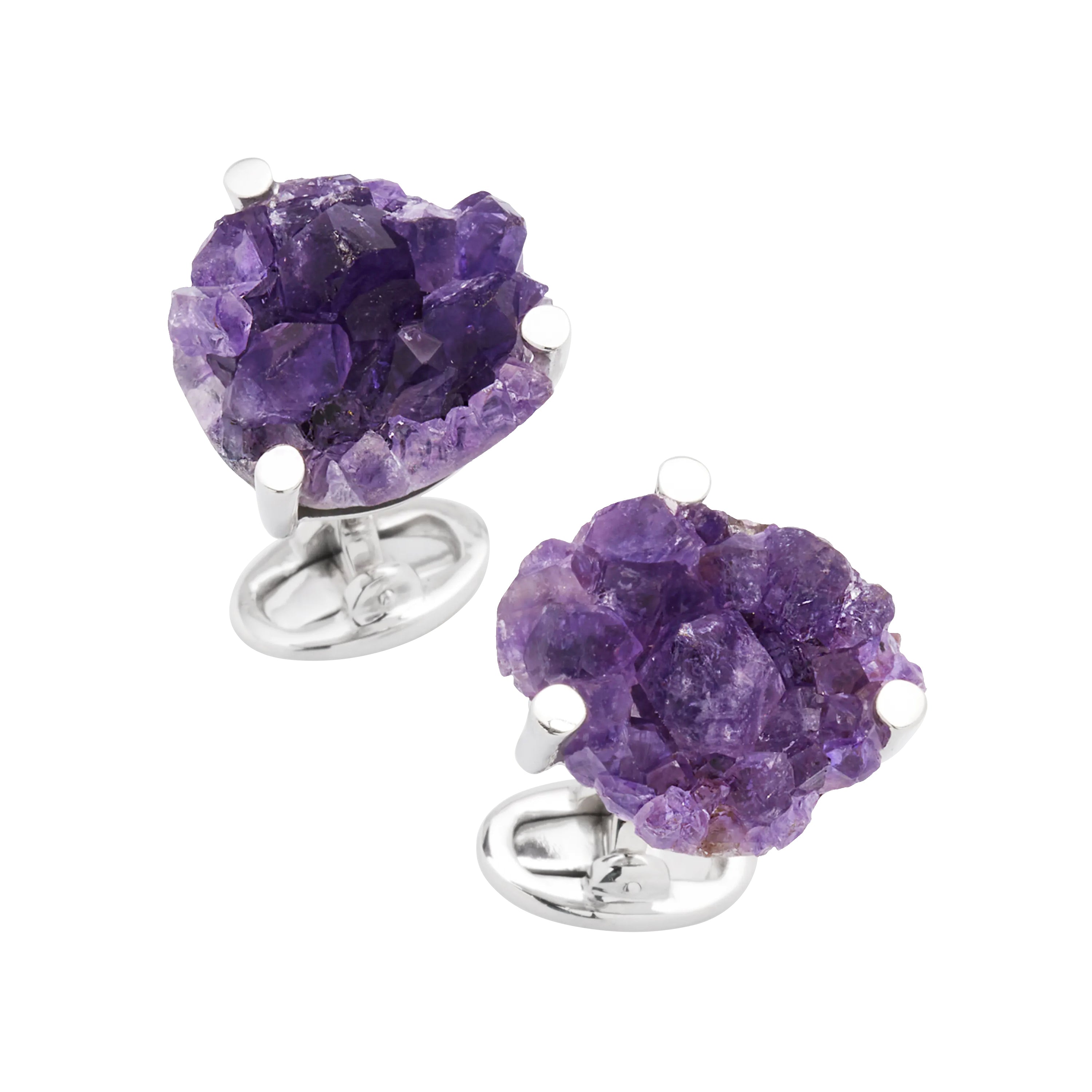 Raw amethyst druzy cluster cufflink pair in polished sterling silver 