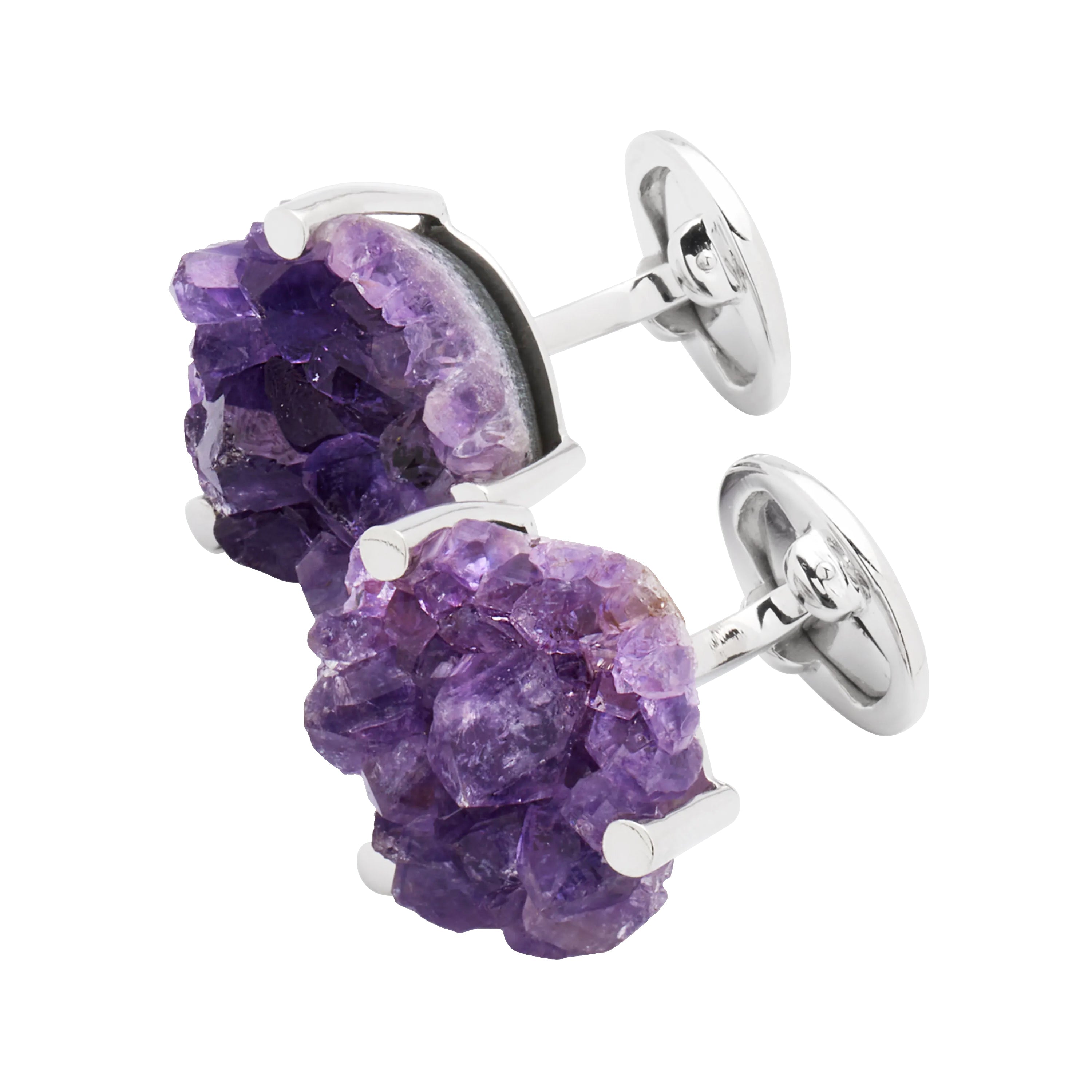 Raw amethyst druzy cluster cufflink pair in polished sterling silver 