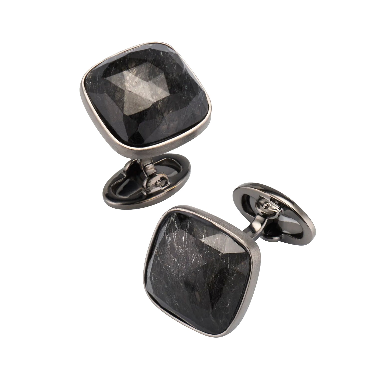 Black rutilated quartz cushion cufflinks in gunmetal sterling silver bezel with bullet-back posts — Jan Leslie