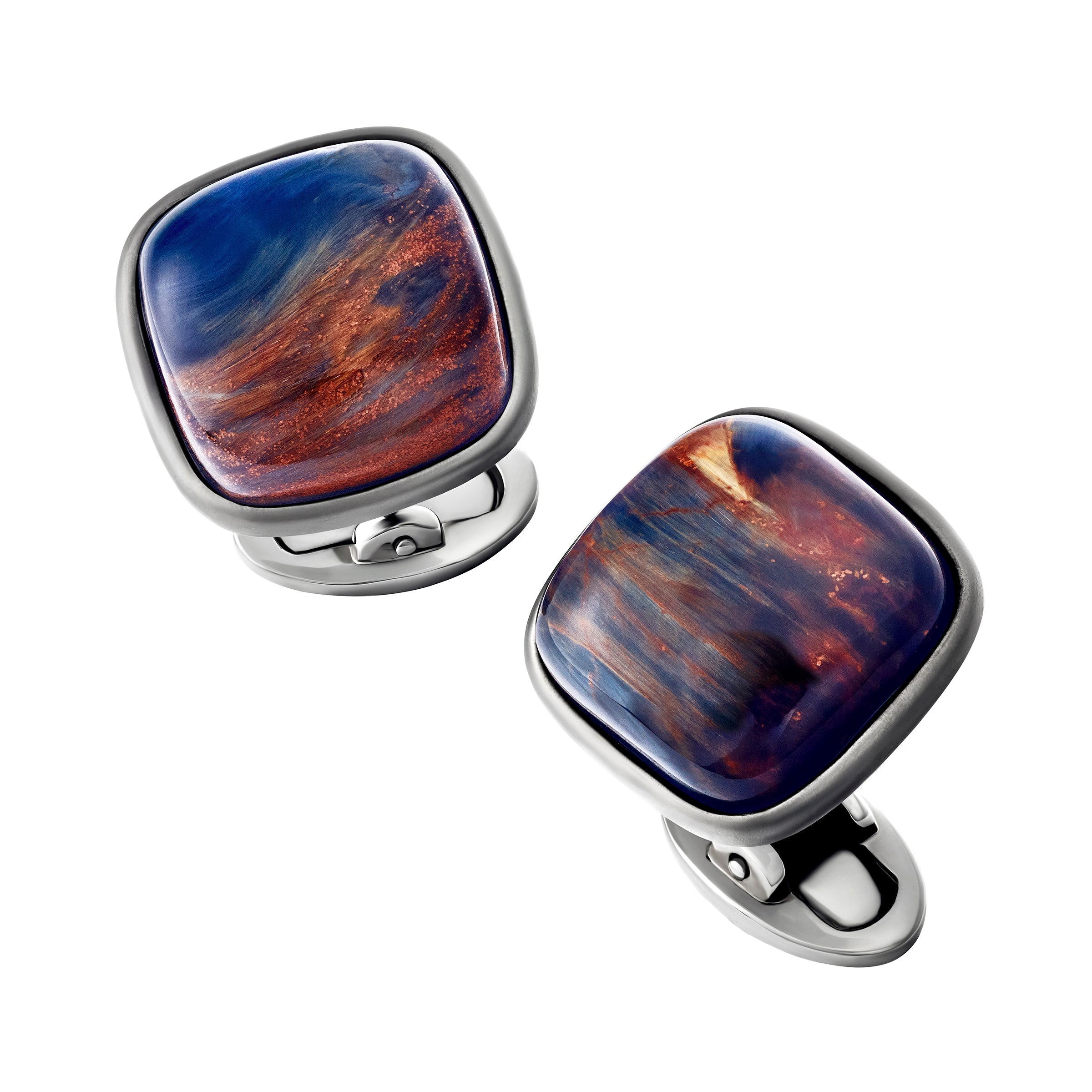  Gunmetal sterling silver cushion pietersite cabochon cufflinks pair angled view showing whale-back closures matte gunmetal bezel and pietersite stone profile by Jan Leslie