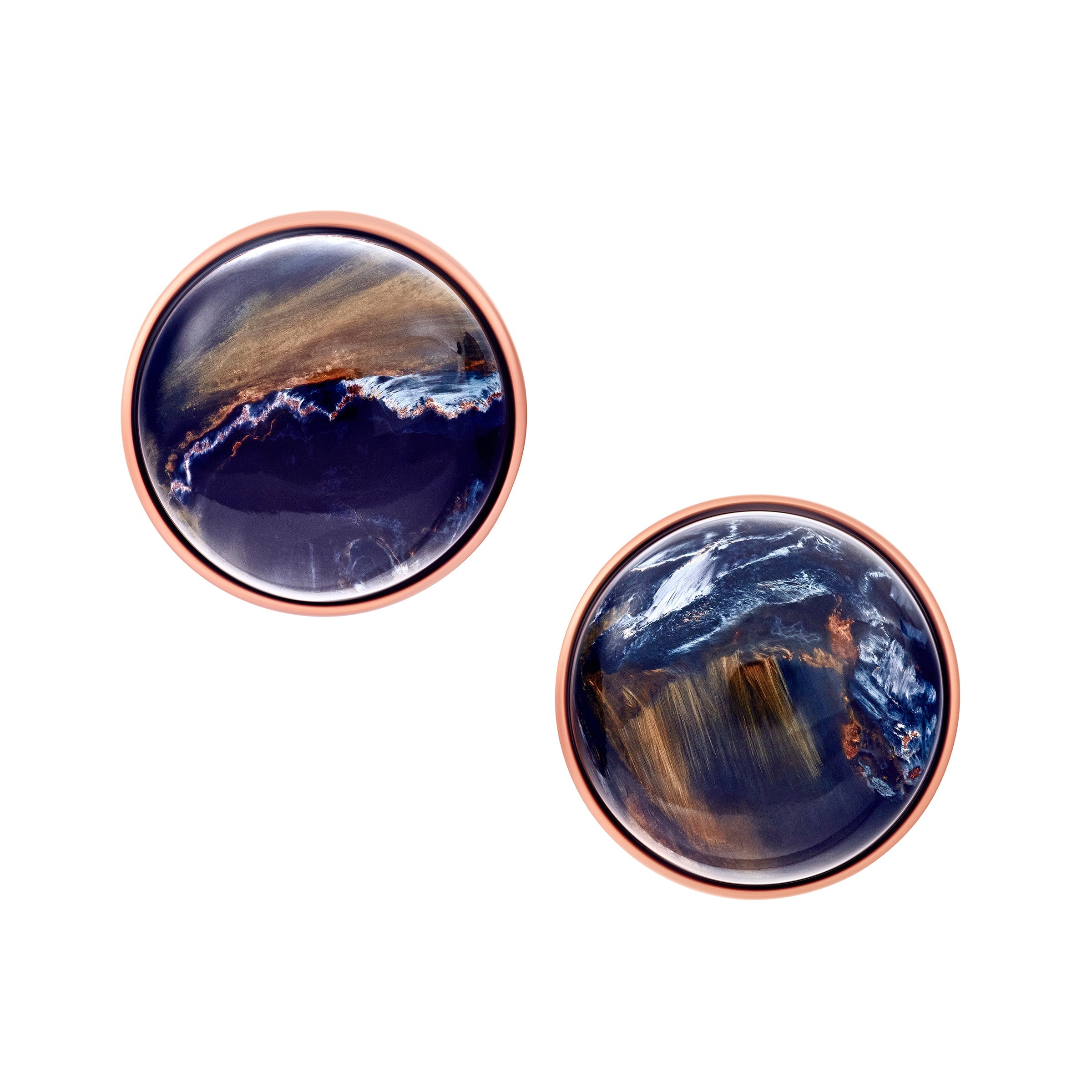  18K rose gold vermeil round pietersite cabochon cufflinks pair angled view showing domed pietersite cabochon in polished rose gold bezel with oval swivel T-bar closure by Jan Leslie