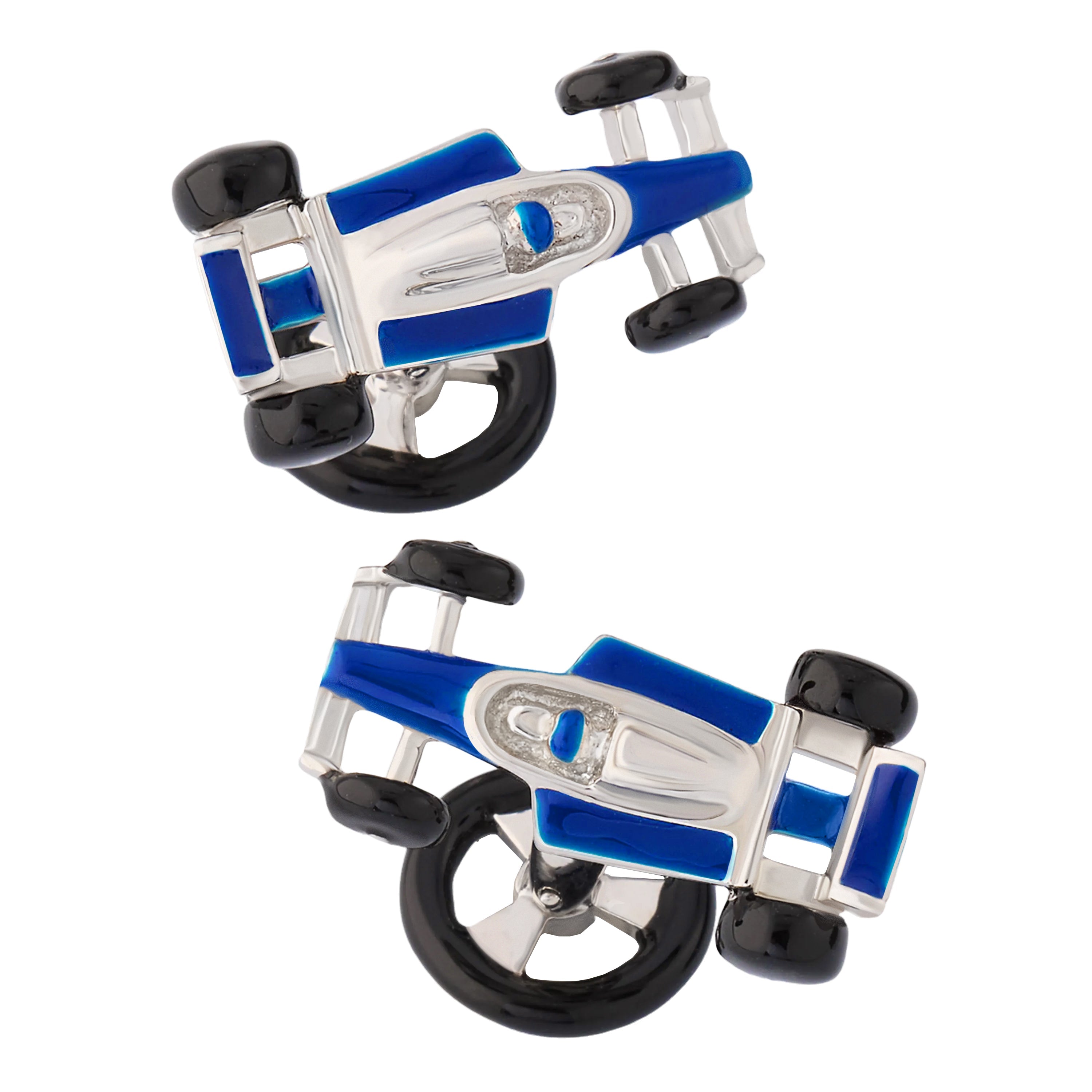 Pair of sterling silver three-dimensional dimpled golf ball and blue enamel golf tee cufflinks, Jan Leslie