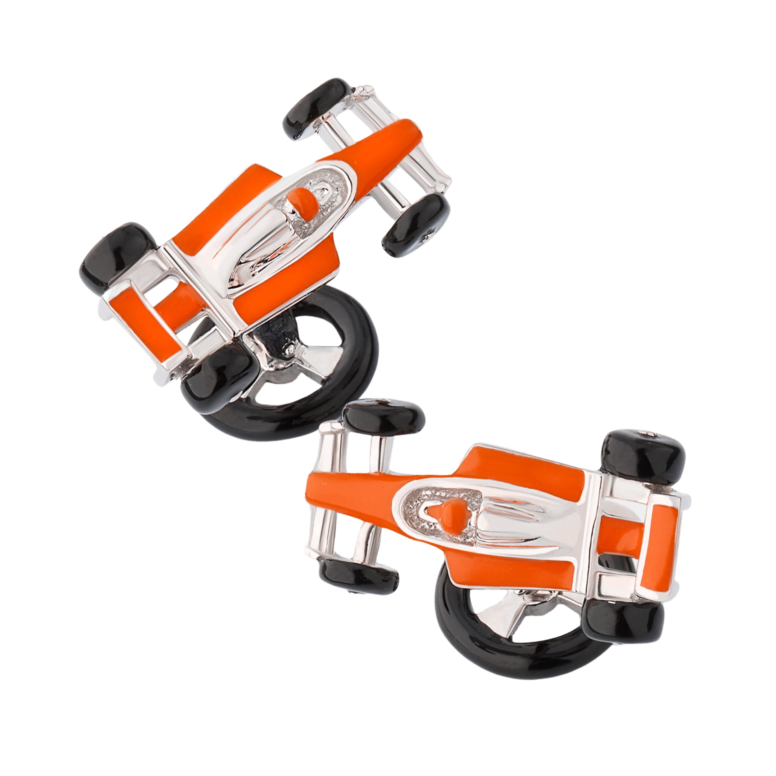 Formula 1 racing car cufflinks with bright orange enamel body panels, Jan Leslie