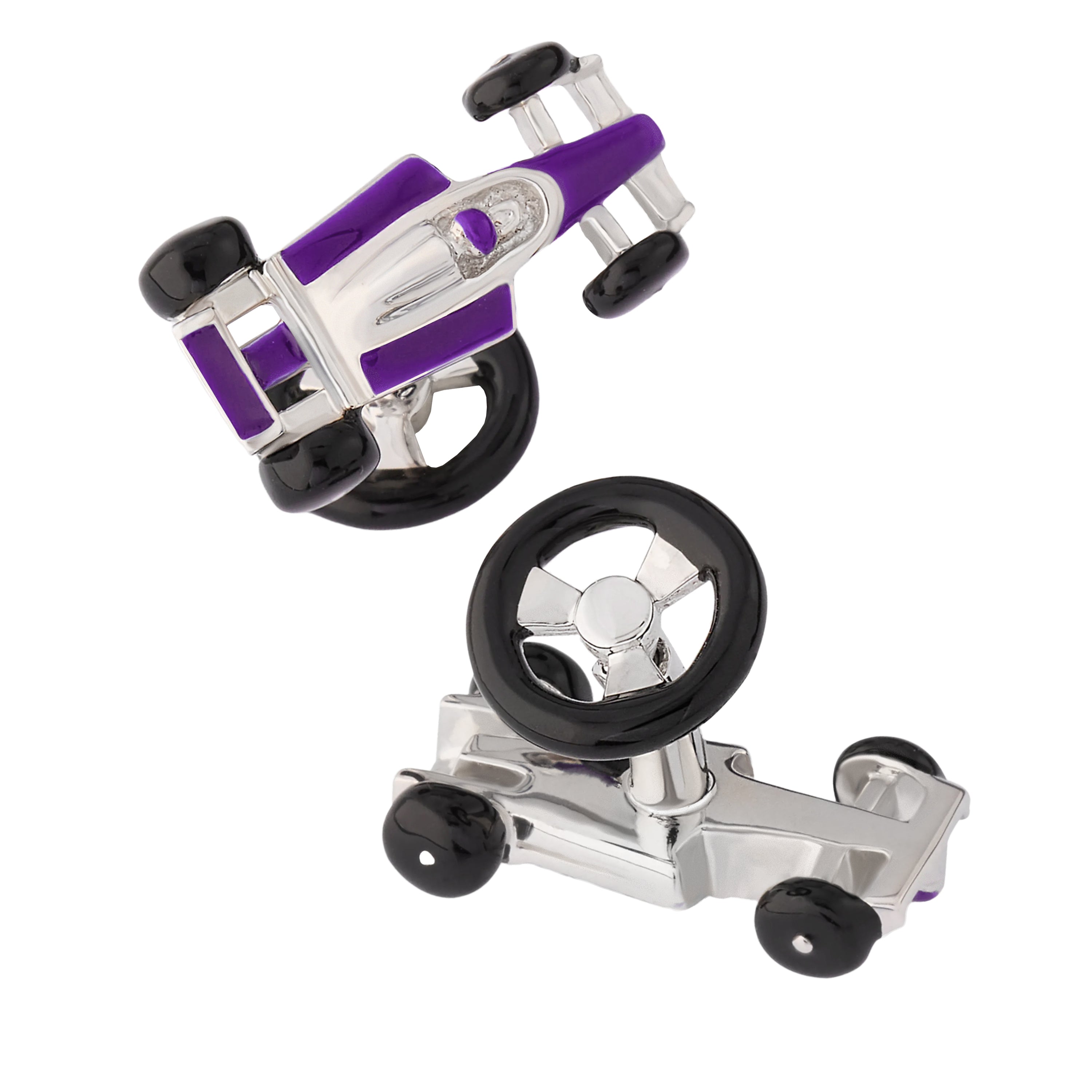 Formula 1 racing car cufflinks with purple enamel body,Jan Leslie