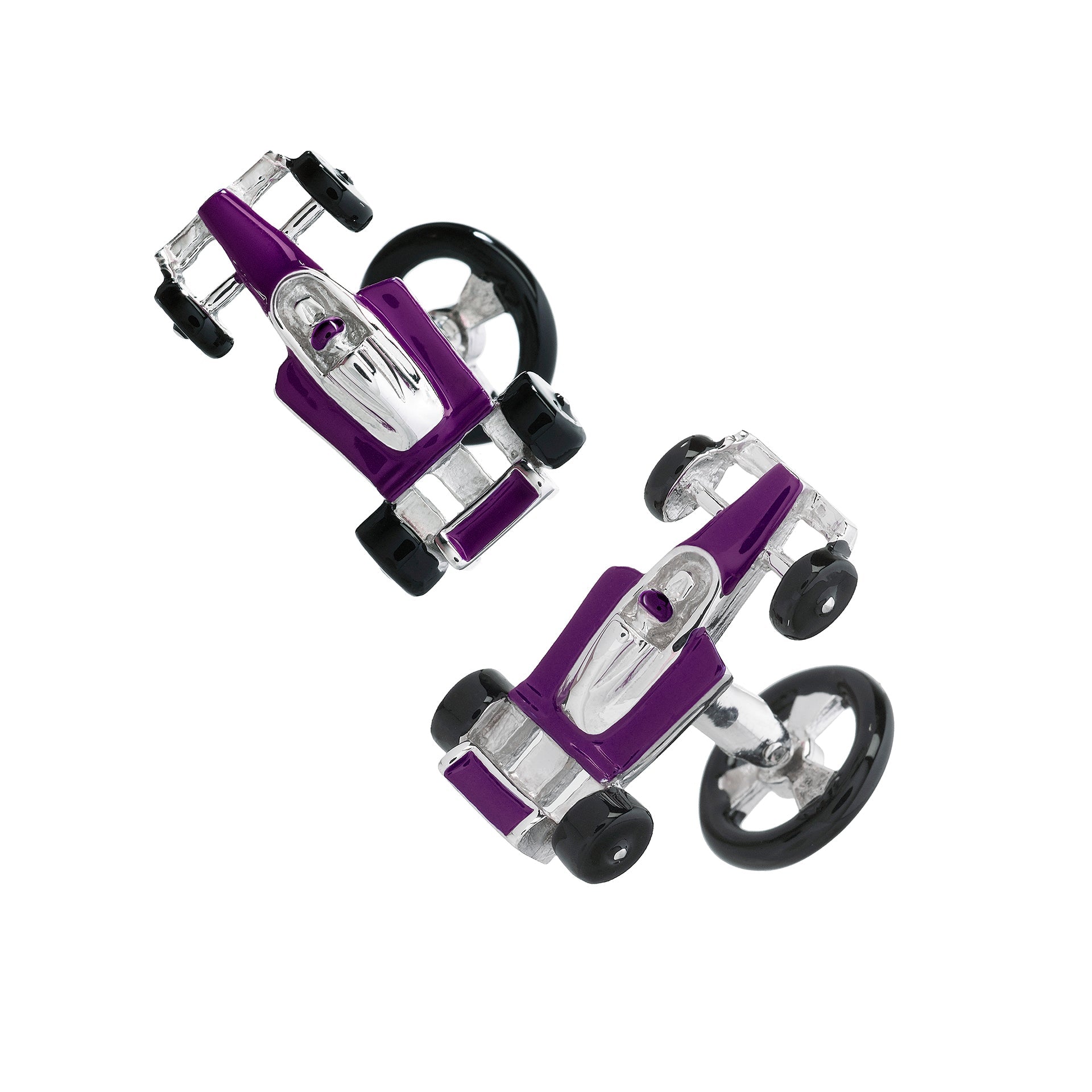 Formula 1 racing car cufflinks with purple enamel body, Jan Leslie