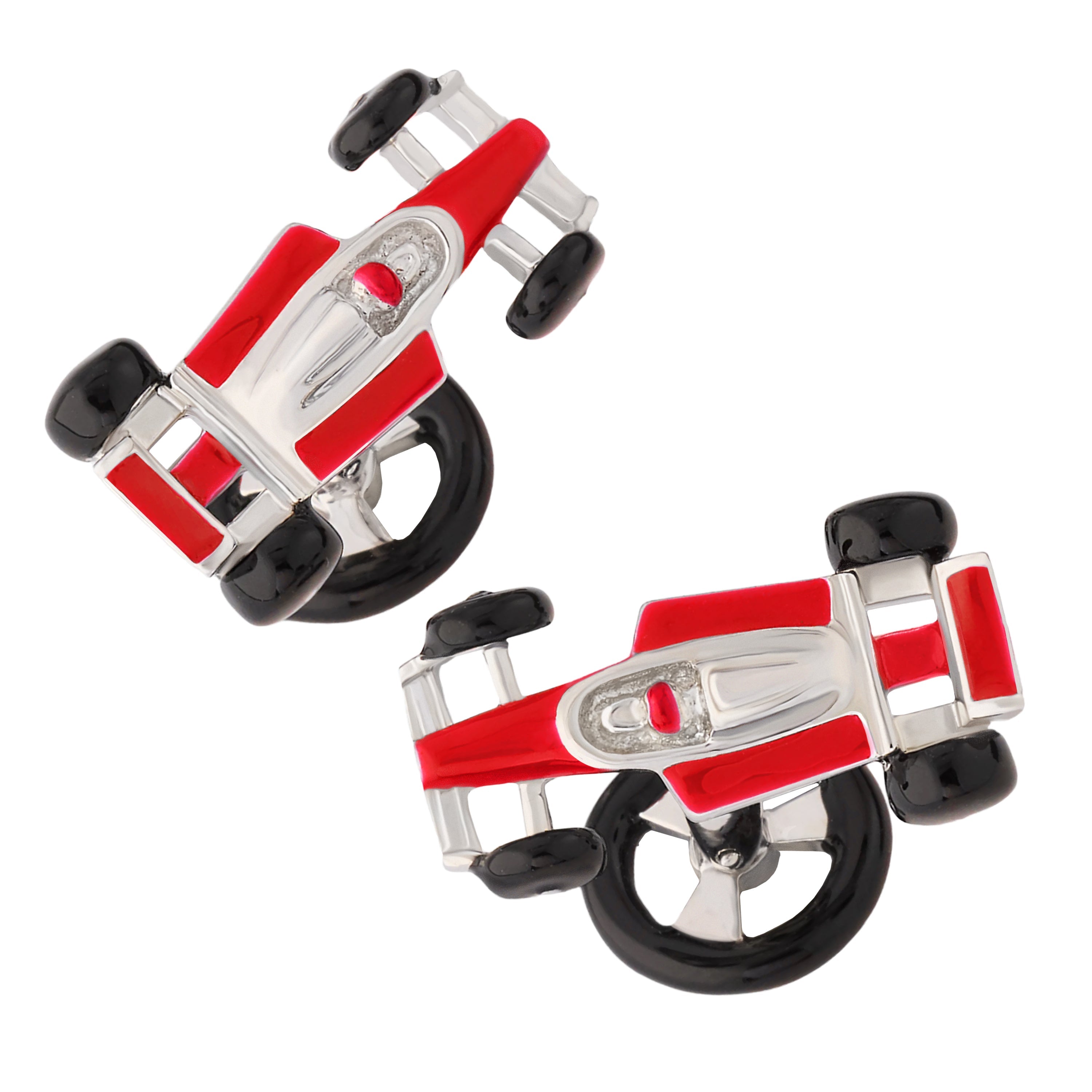 Formula 1 racing car cufflinks with red enamel body panels,  Jan Leslie