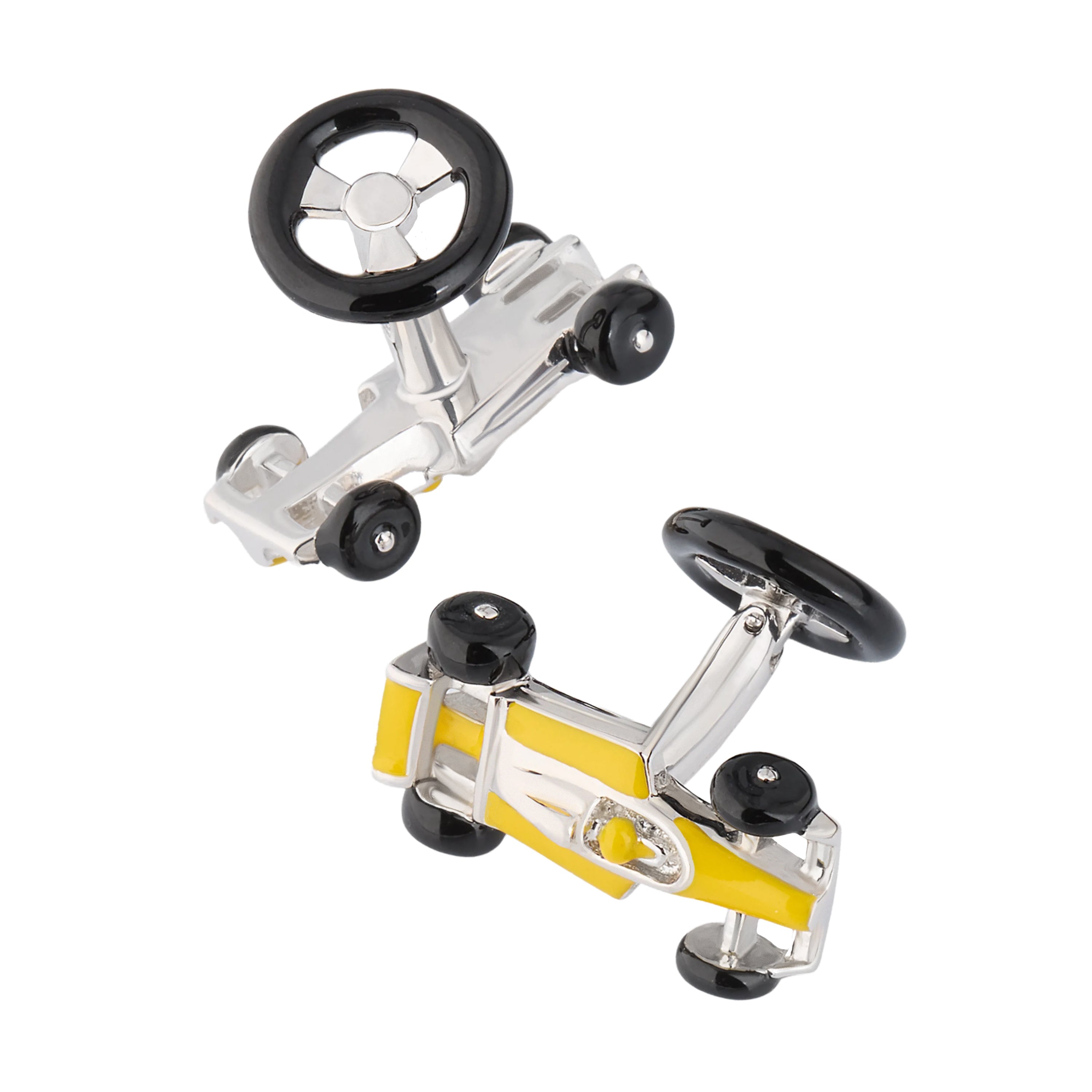 Formula 1 racing car cufflinks with bright yellow enamel body panels,  Jan Leslie
