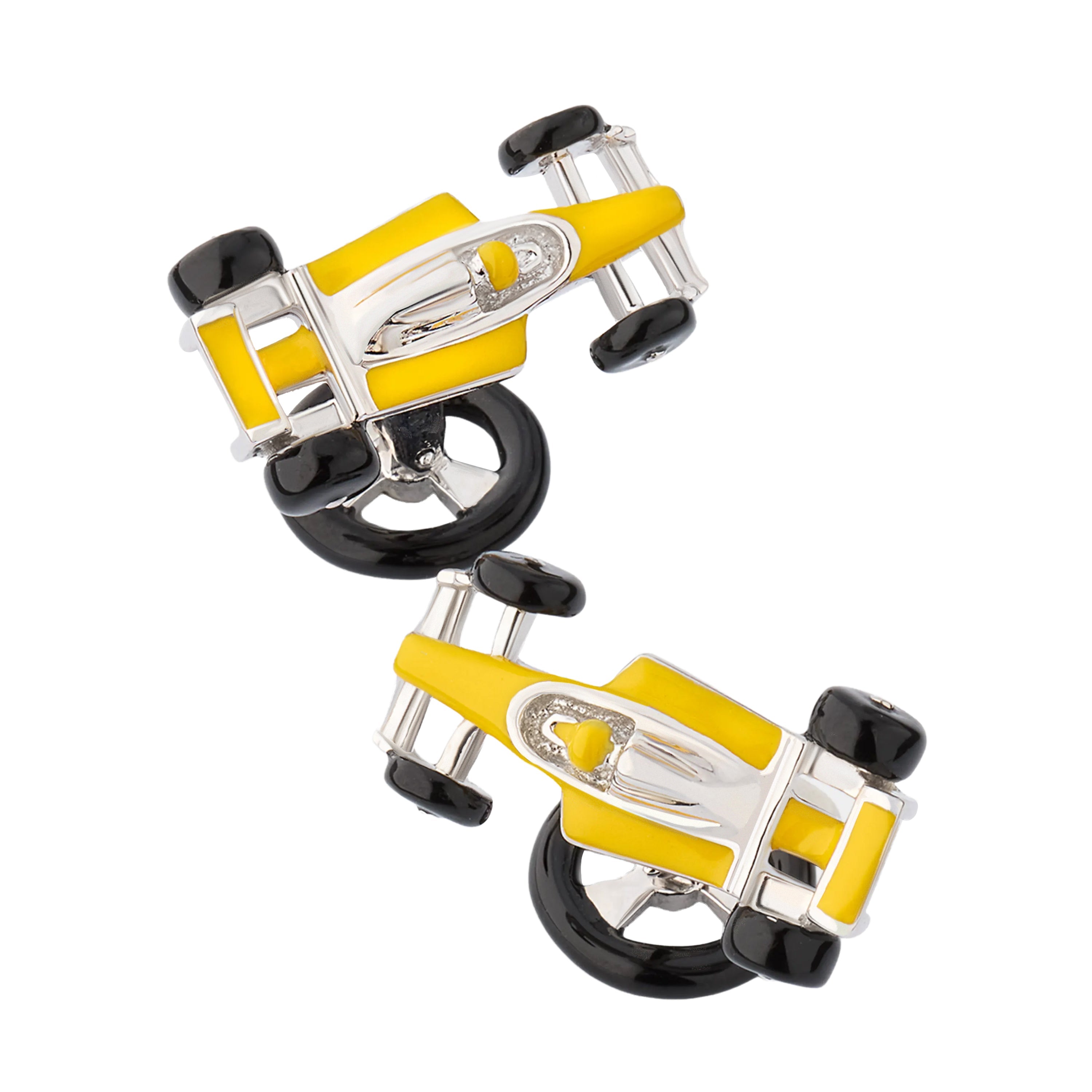 Formula 1 racing car cufflinks with bright yellow enamel body panels, Jan Leslie