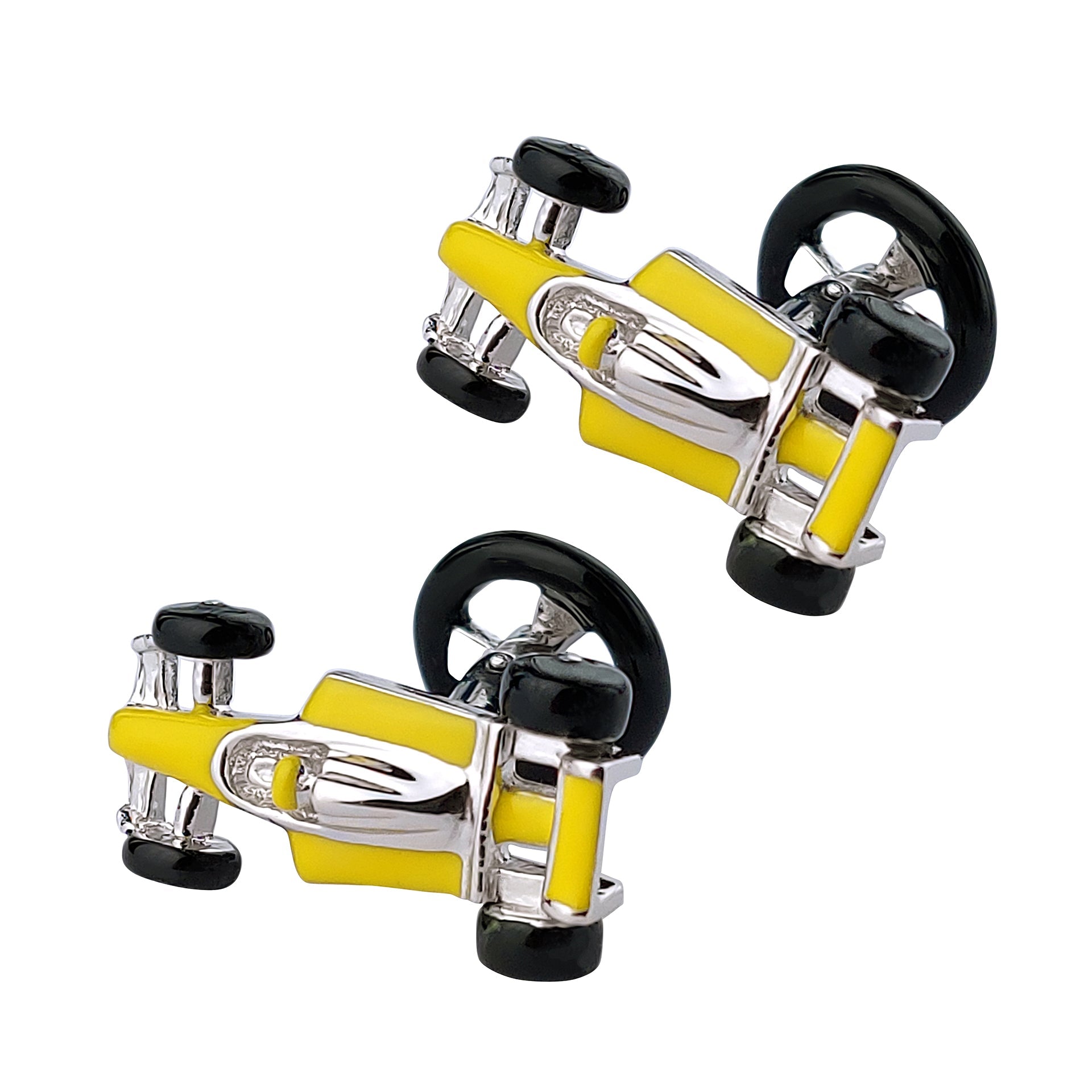 Formula 1 racing car cufflinks with yellow enamel body panels, Jan Leslie 