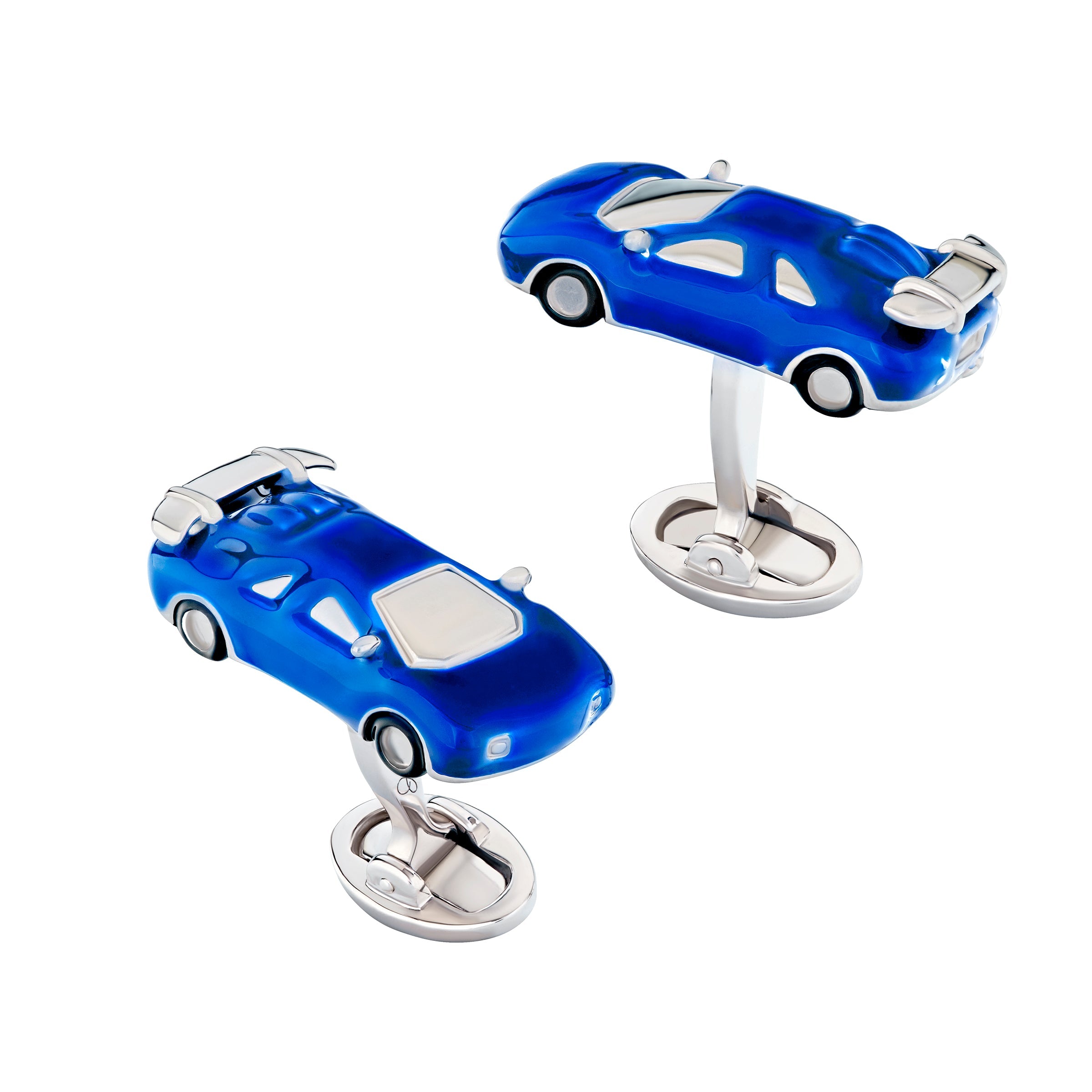  cobalt blue enamel sports car cufflinks standing upright showing side profile , Jan Leslie