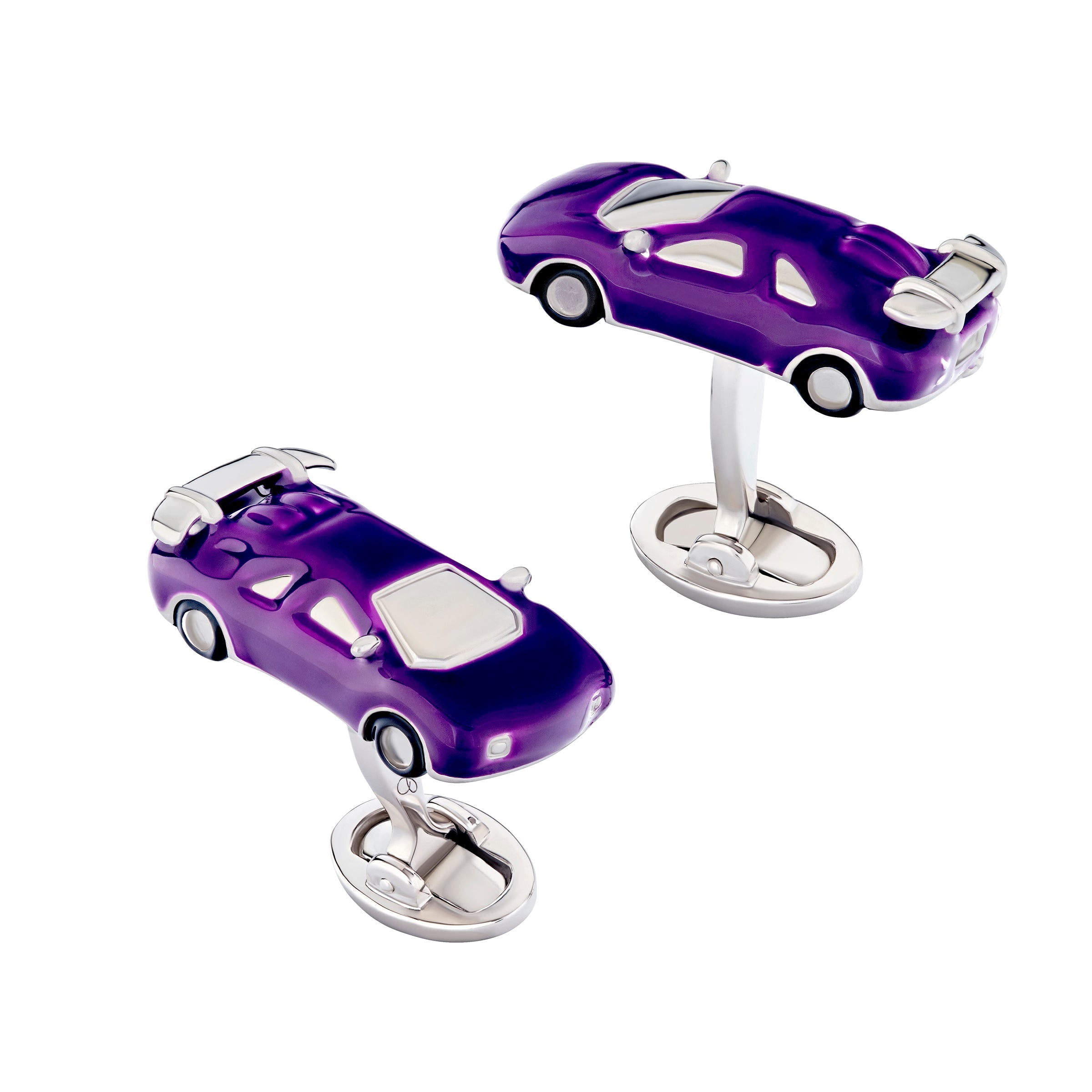 Purple enamel sports car cufflinks with silver oval swivel back closure, Jan Leslie
