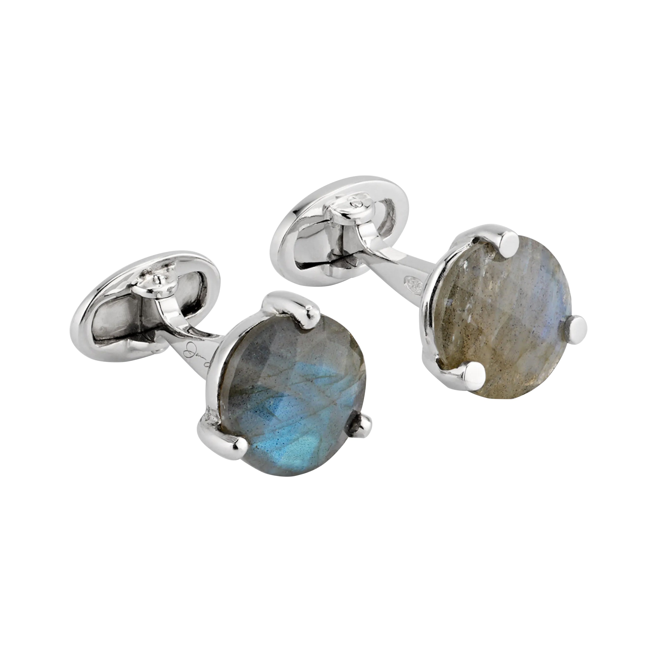 Round faceted labradorite cufflink pair in polished sterling silver four-prong martini settings 