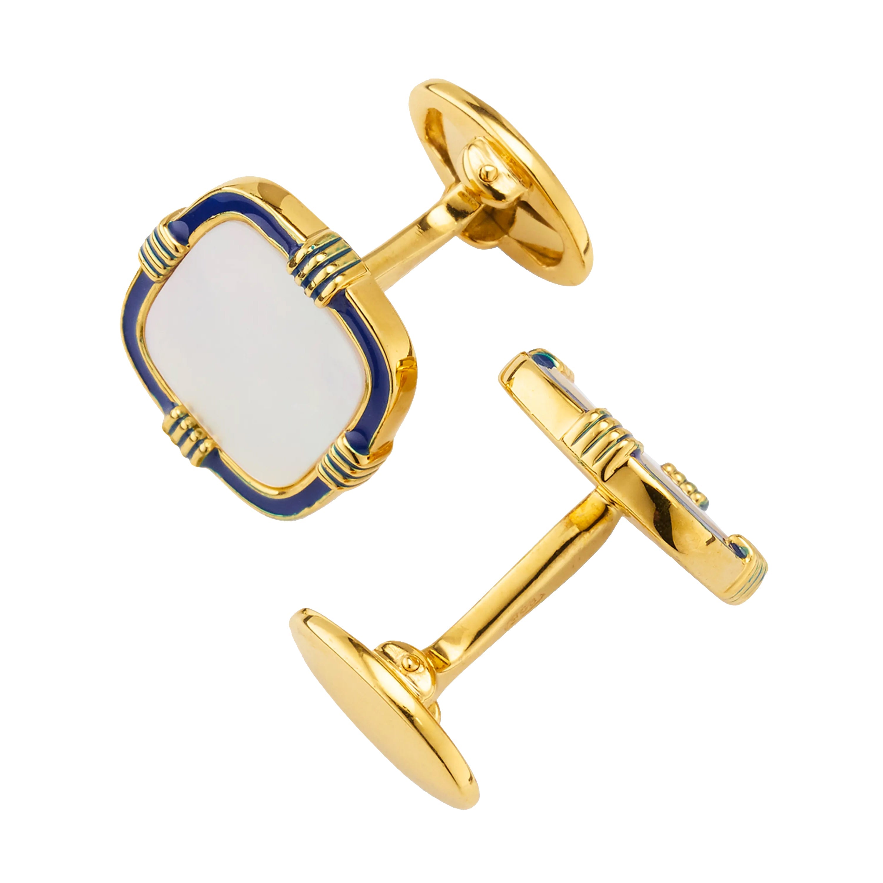 Gold-plated sterling silver mother-of-pearl cushion cufflinks with navy enamel border and T-bar closure, Jan Leslie