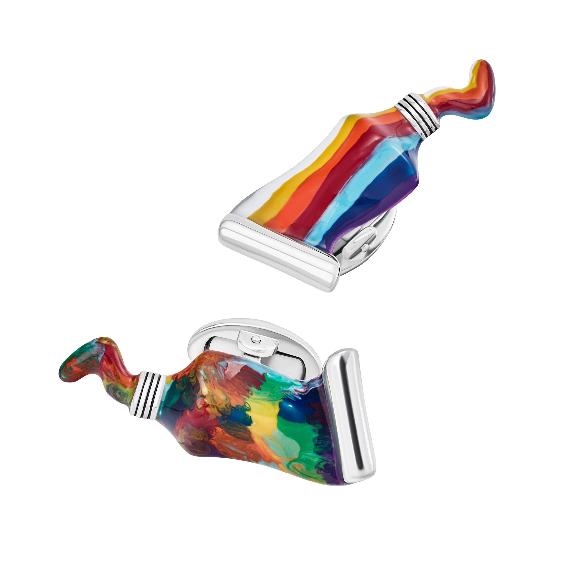 Sterling silver paint tube cufflinks pair back view showing whale-back closures and polished silver backs on mismatched resin paint tube faces by Jan Leslie