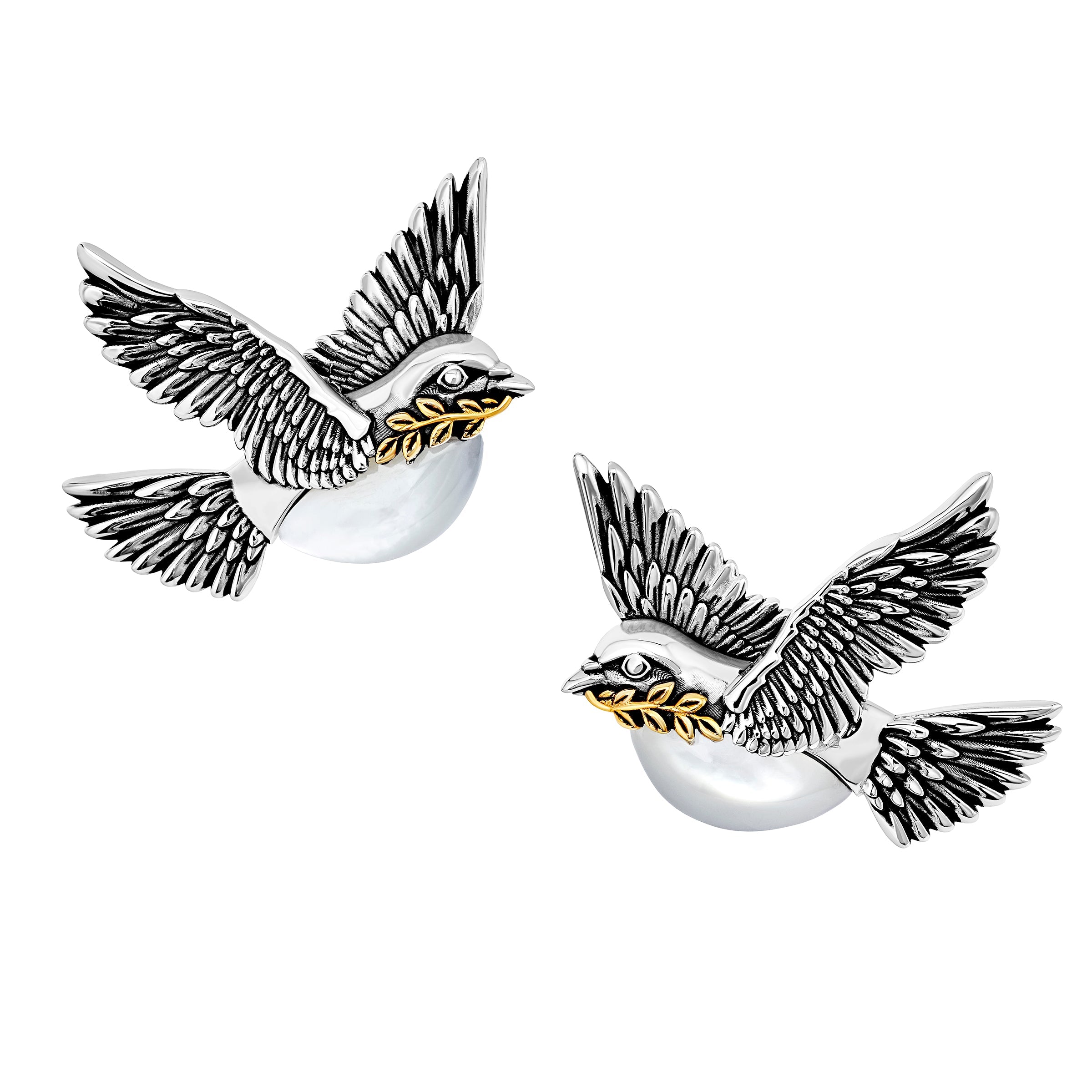 Sterling silver and 18K gold dove of peace cufflinks pair front view showing full wing span oxidized feather engraving pearl body and gold olive branch detail by Jan Leslie
