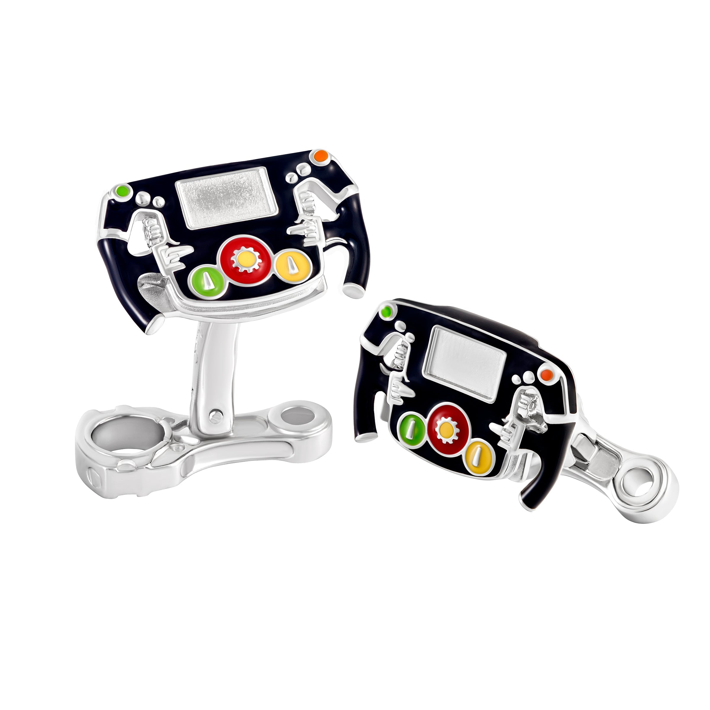 Sterling silver Formula 1 steering wheel cufflinks pair showing black enamel dash multicolor control buttons and piston connecting rod backs by Jan Leslie