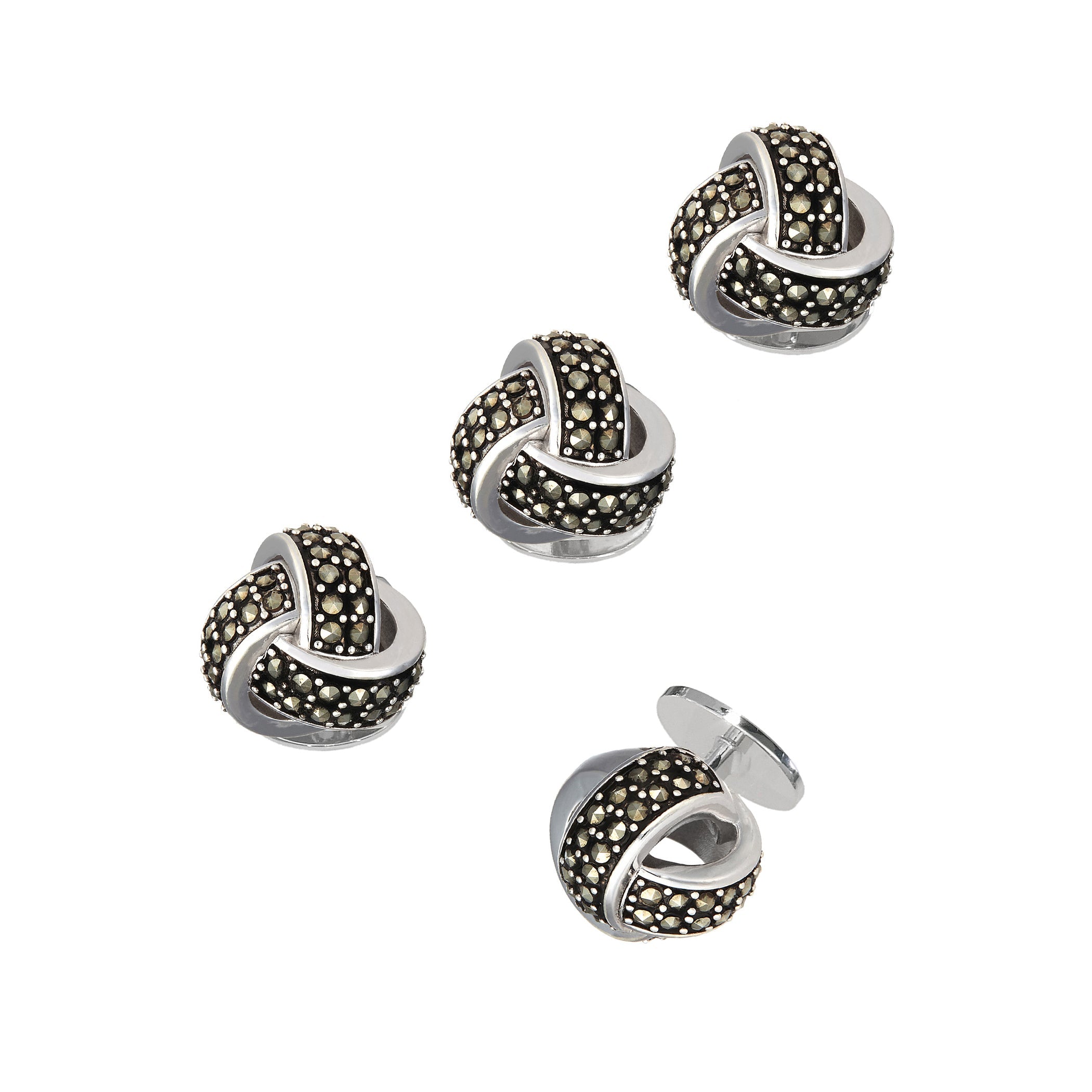 Sterling silver marcasite pavé knot tuxedo stud set with double-sided flip backs for formal dress shirts.
