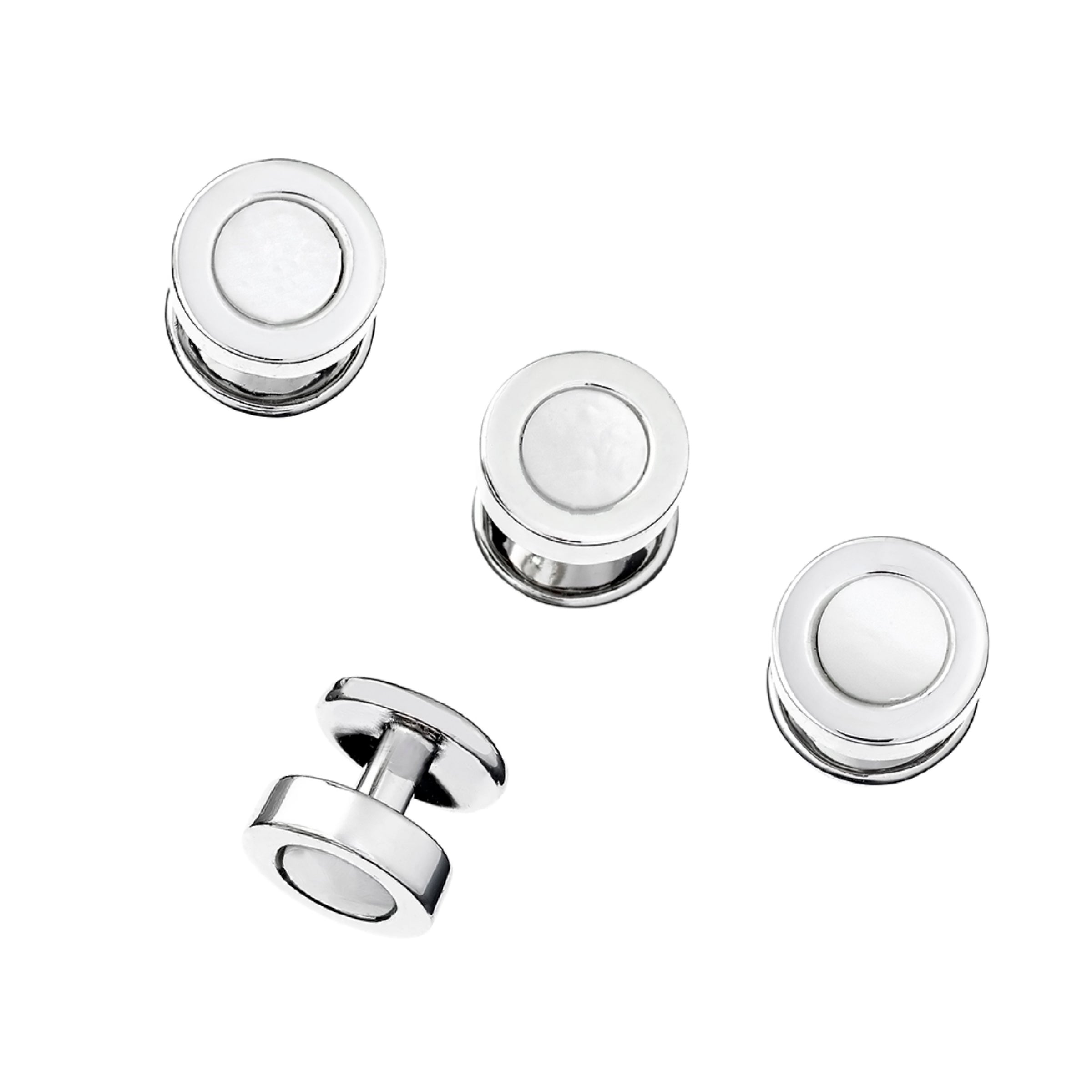 Classic round mother of pearl and sterling silver tuxedo stud set for formal dress shirts.