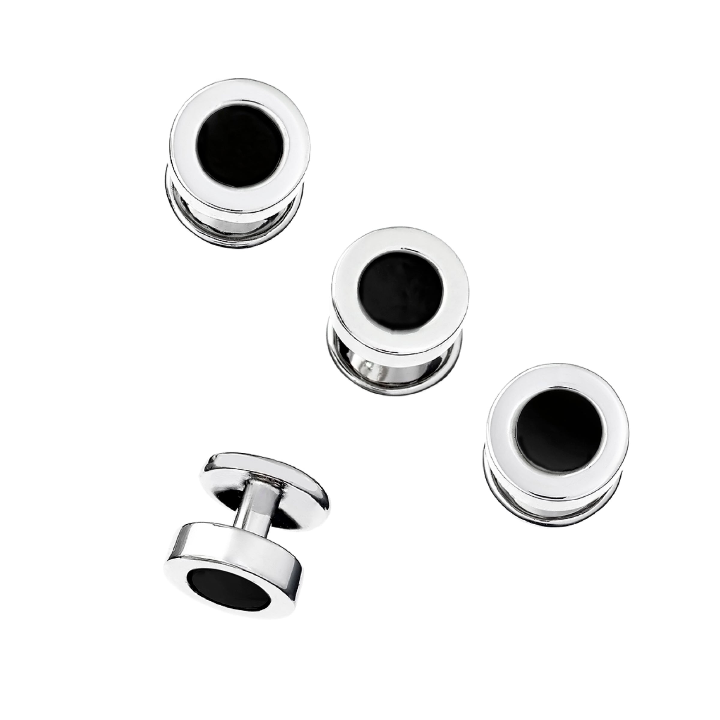 Round black onyx inlay sterling silver tuxedo cufflink and three-stud set with polished silver border barrel-back cufflink and push-back studs