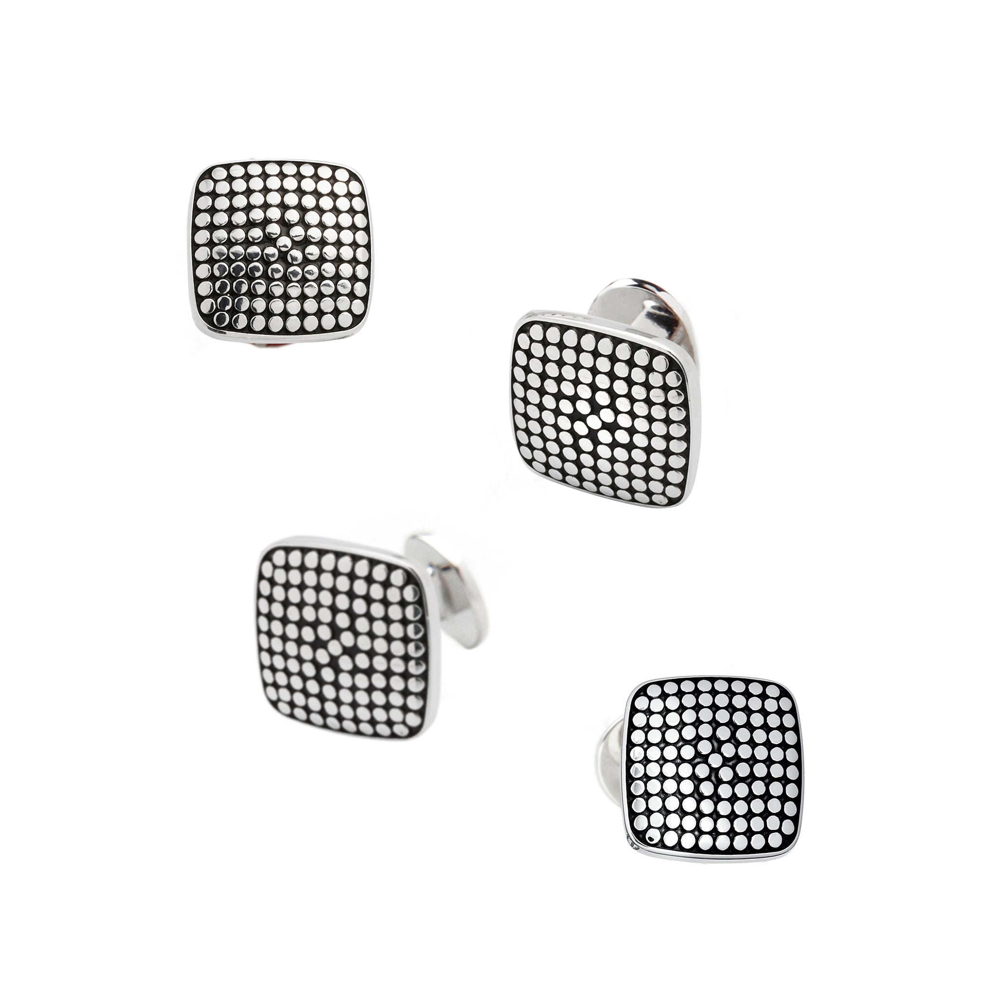 Sterling silver marcasite pavé cushion-square cufflinks and tuxedo stud set by Jan Leslie.