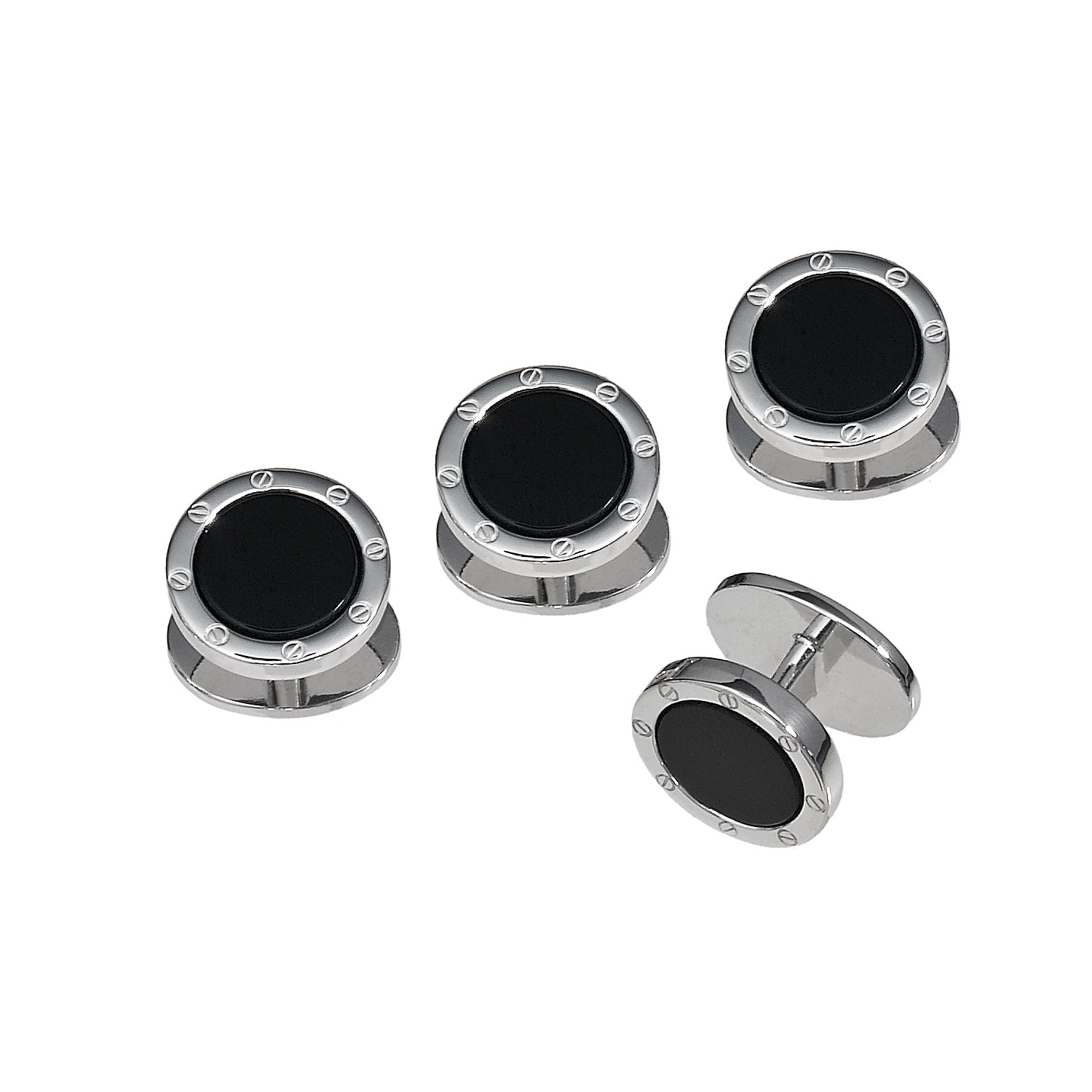 Sterling silver round tuxedo shirt studs with black onyx inlay and engraved screw-head bezel border, set of four, Jan Leslie
