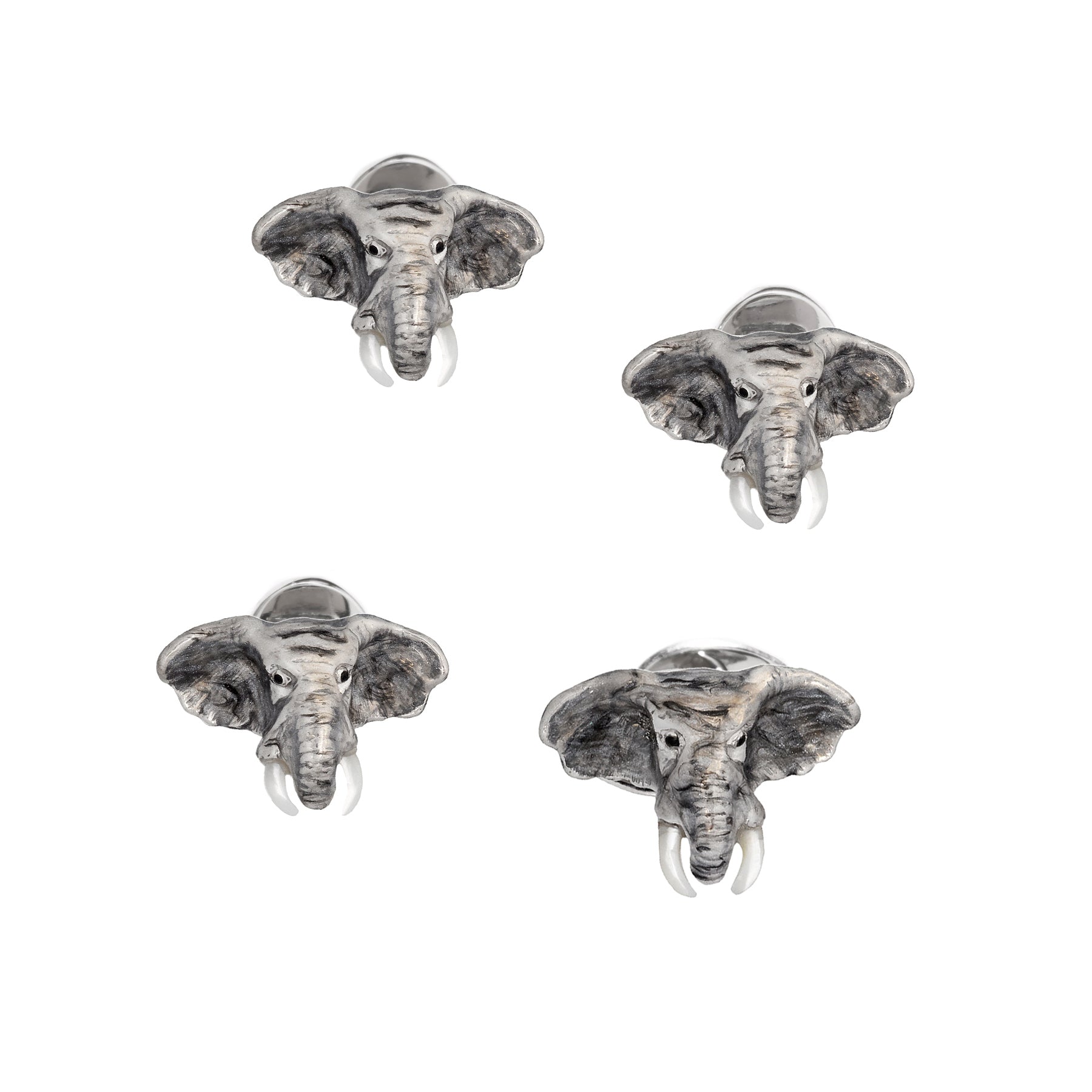 Sterling silver elephant head tuxedo stud set with gray and white enamel detail and ivory tusk accents.