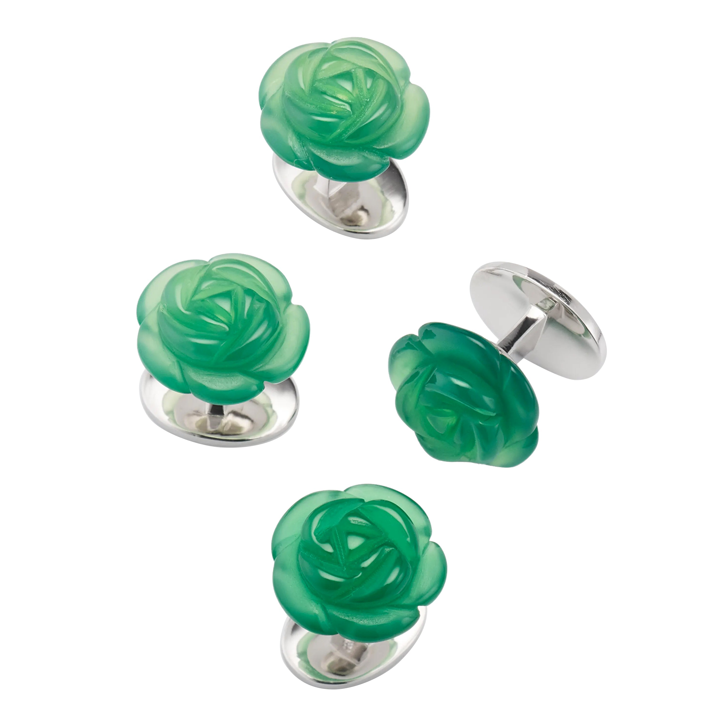 Carved green agate rose tuxedo stud set with sterling silver bullet backs for formal dress shirts.