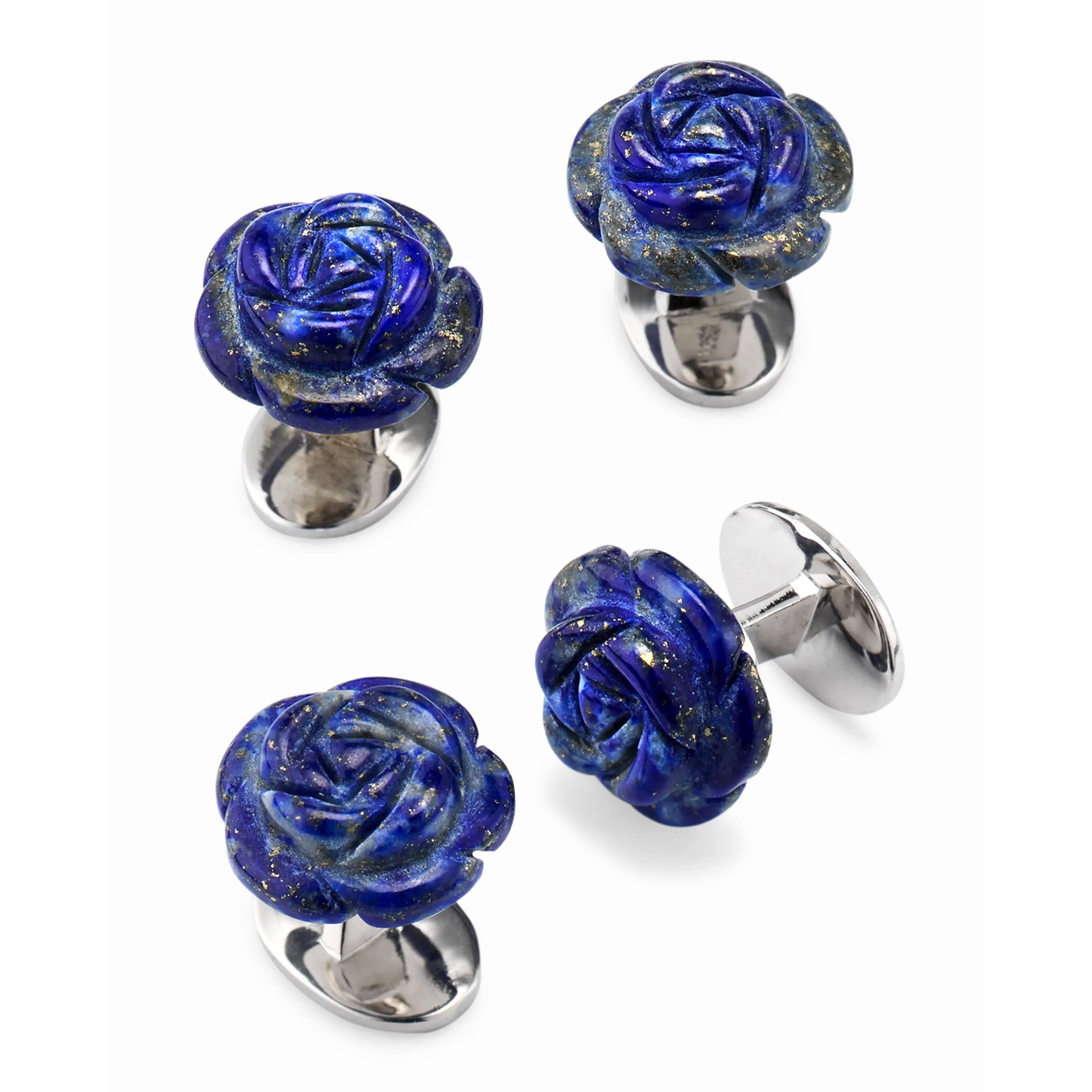 Carved lapis lazuli rose cufflinks and studs set with silver bullet backs, deep blue with gold pyrite flecks.