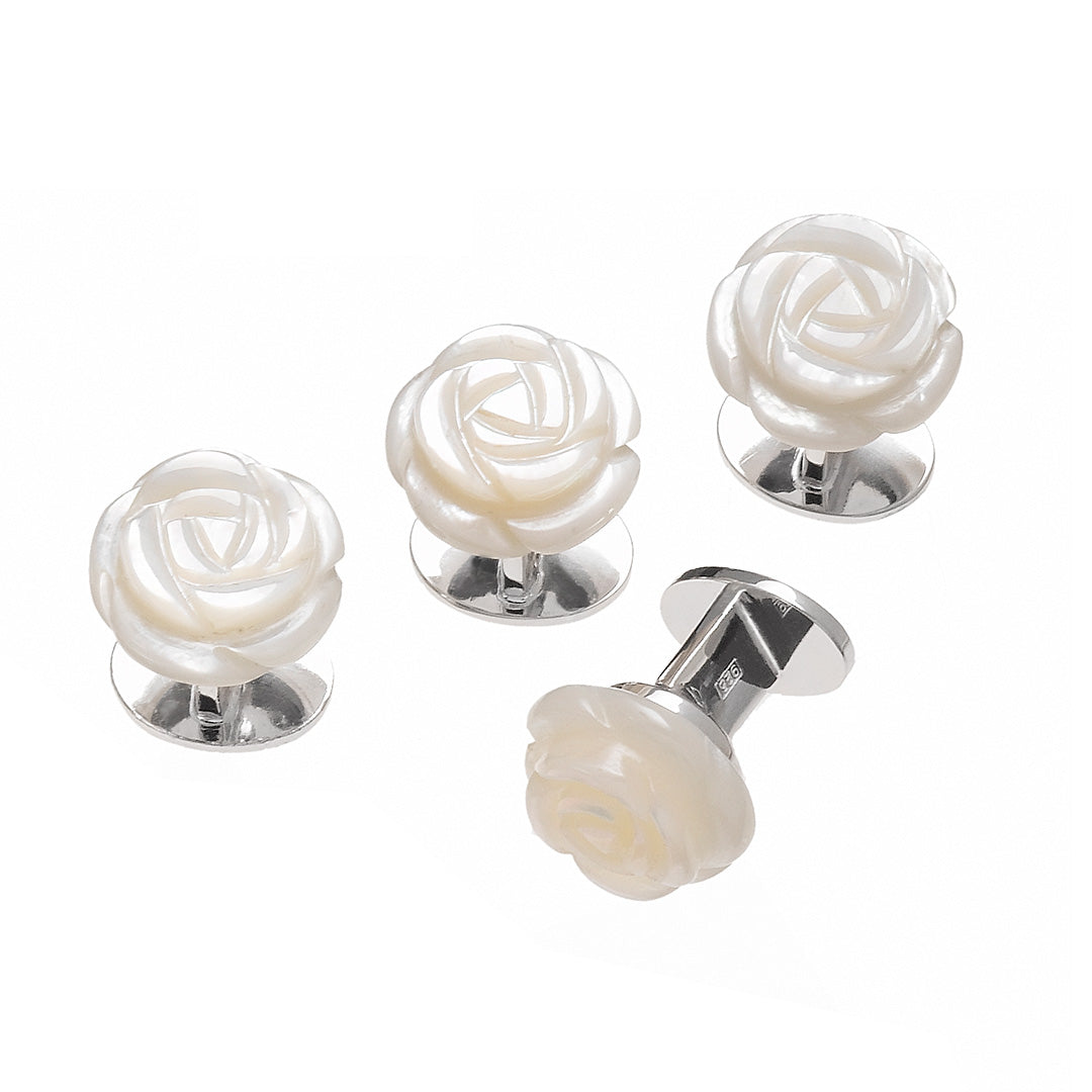 Carved mother of pearl rose tuxedo stud set with sterling silver bullet backs for formal dress shirts.