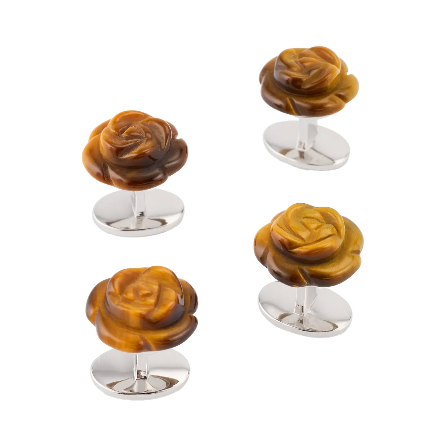 Carved tiger's eye rose tuxedo stud set with sterling silver bullet backs for formal dress shirts.