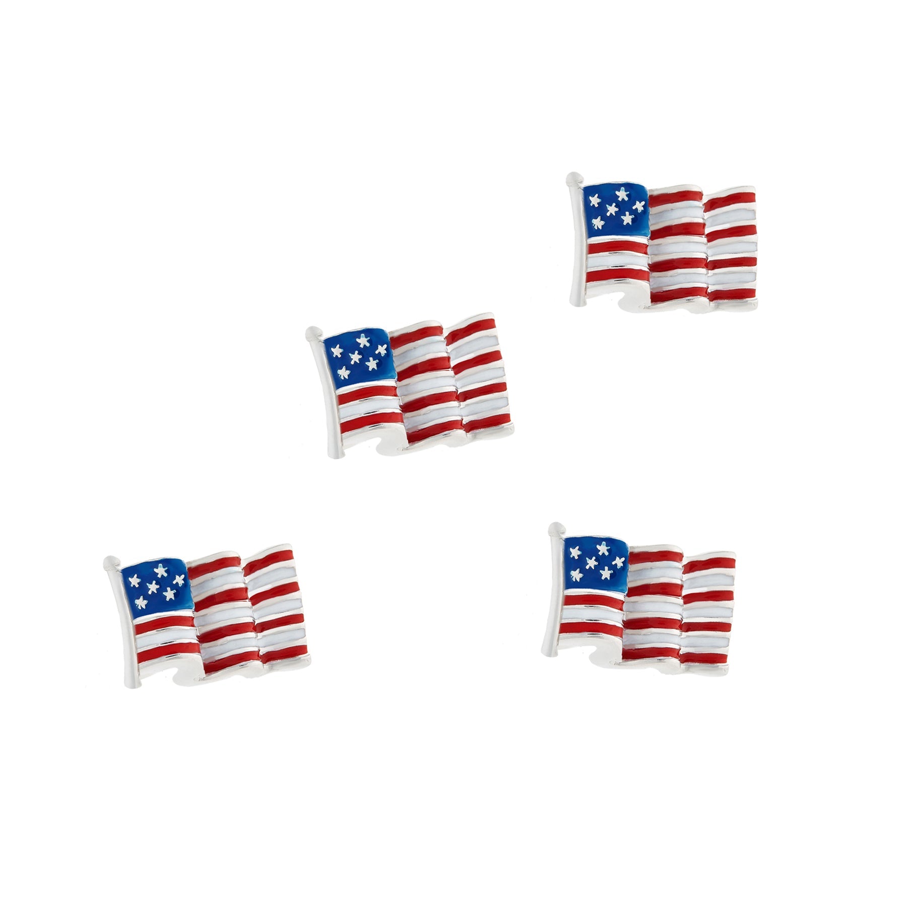 American flag enamel tuxedo stud set in red, white, and blue with silver backs.