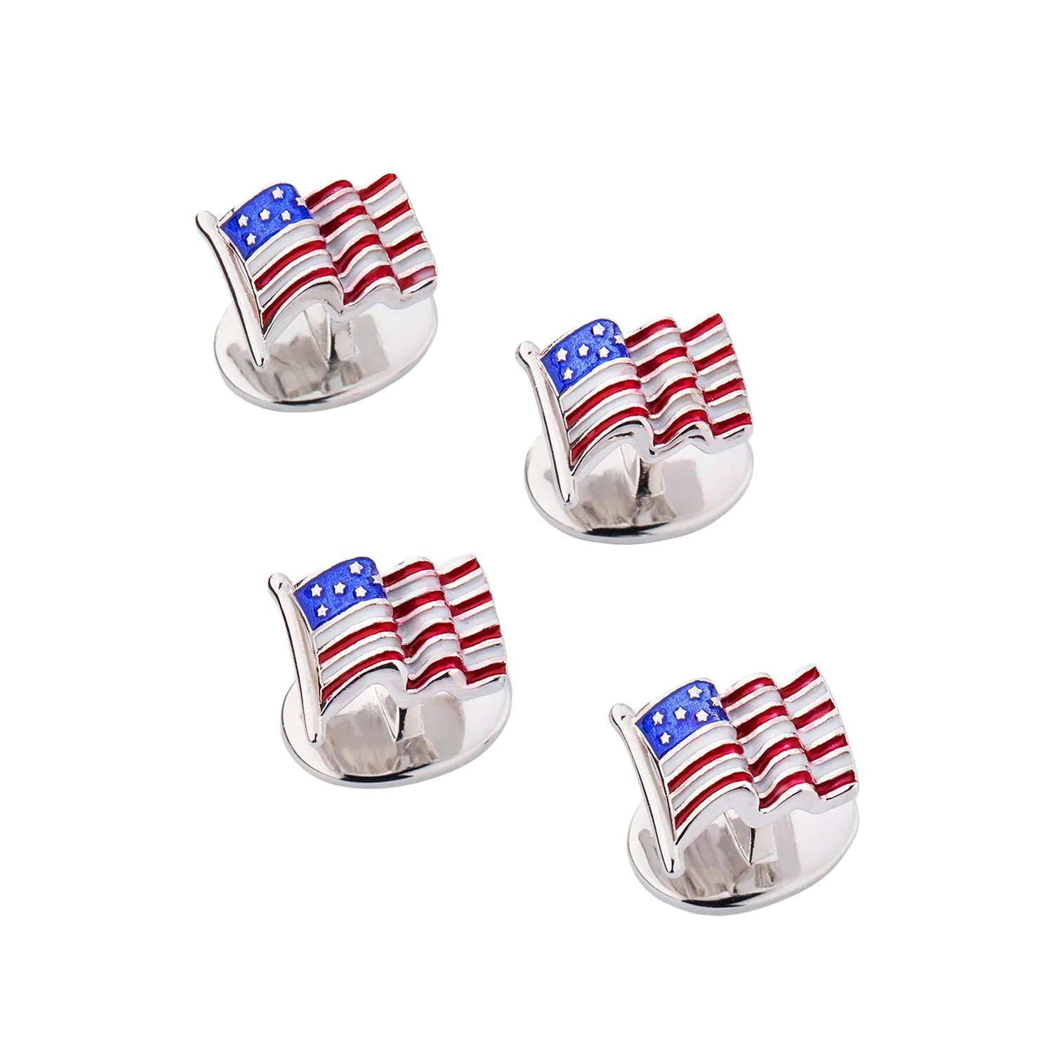 Close-up of American flag enamel tuxedo studs showing red, white, and blue waving flag detail with silver bullet backs.