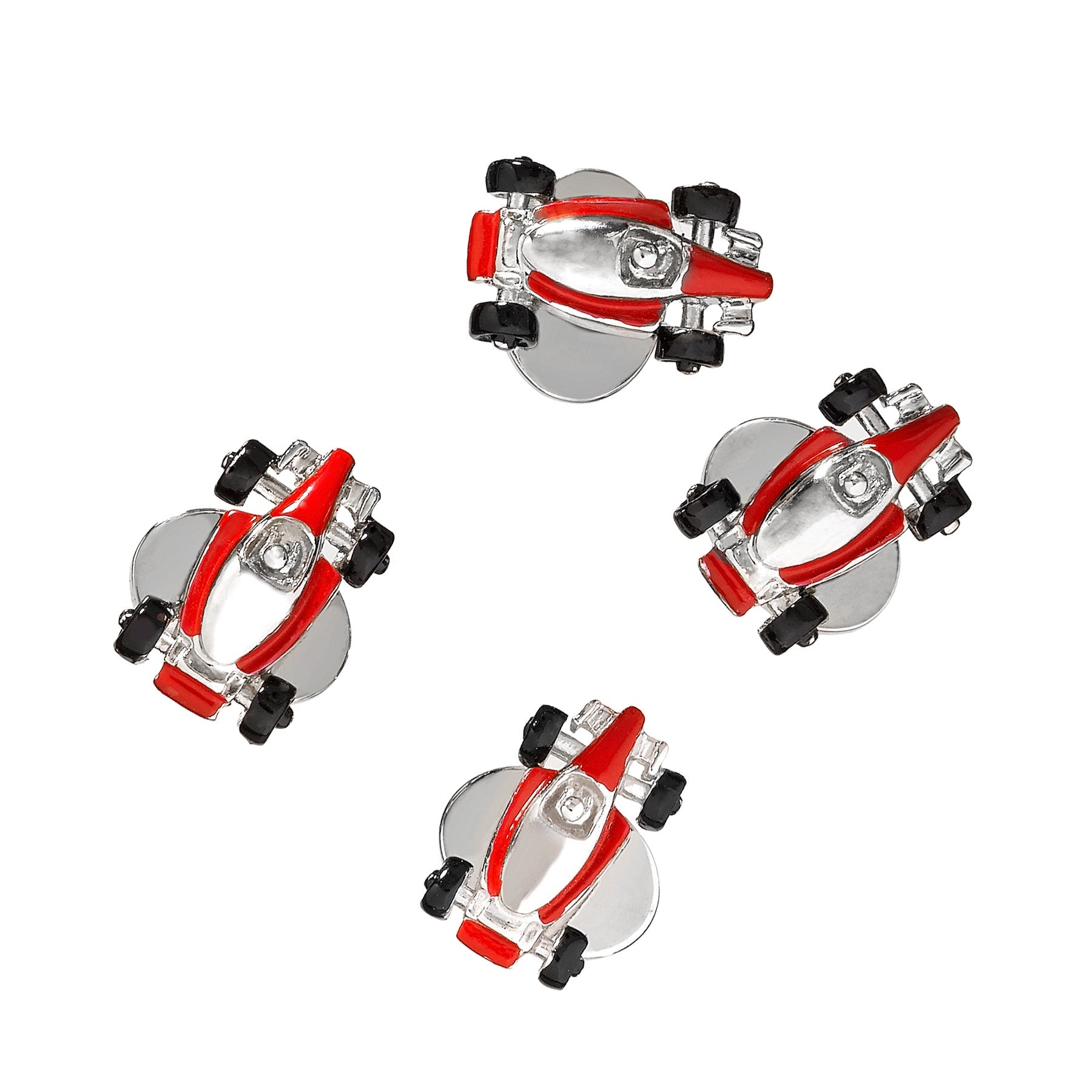 Red and silver enamel Formula 1 race car tuxedo stud set with silver bullet backs.