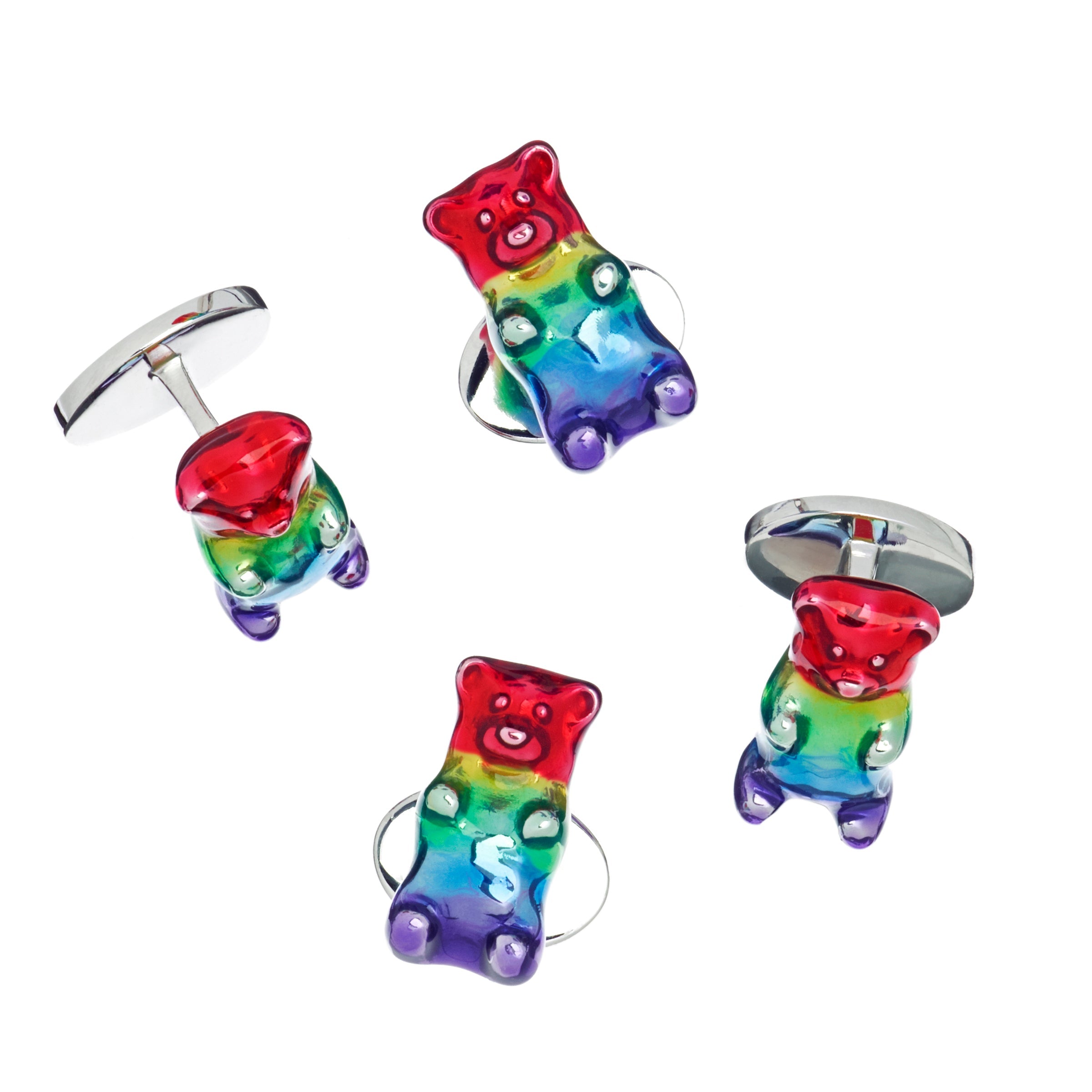 Rainbow multicolor enamel gummy bear cufflinks and tuxedo stud set with silver backs.