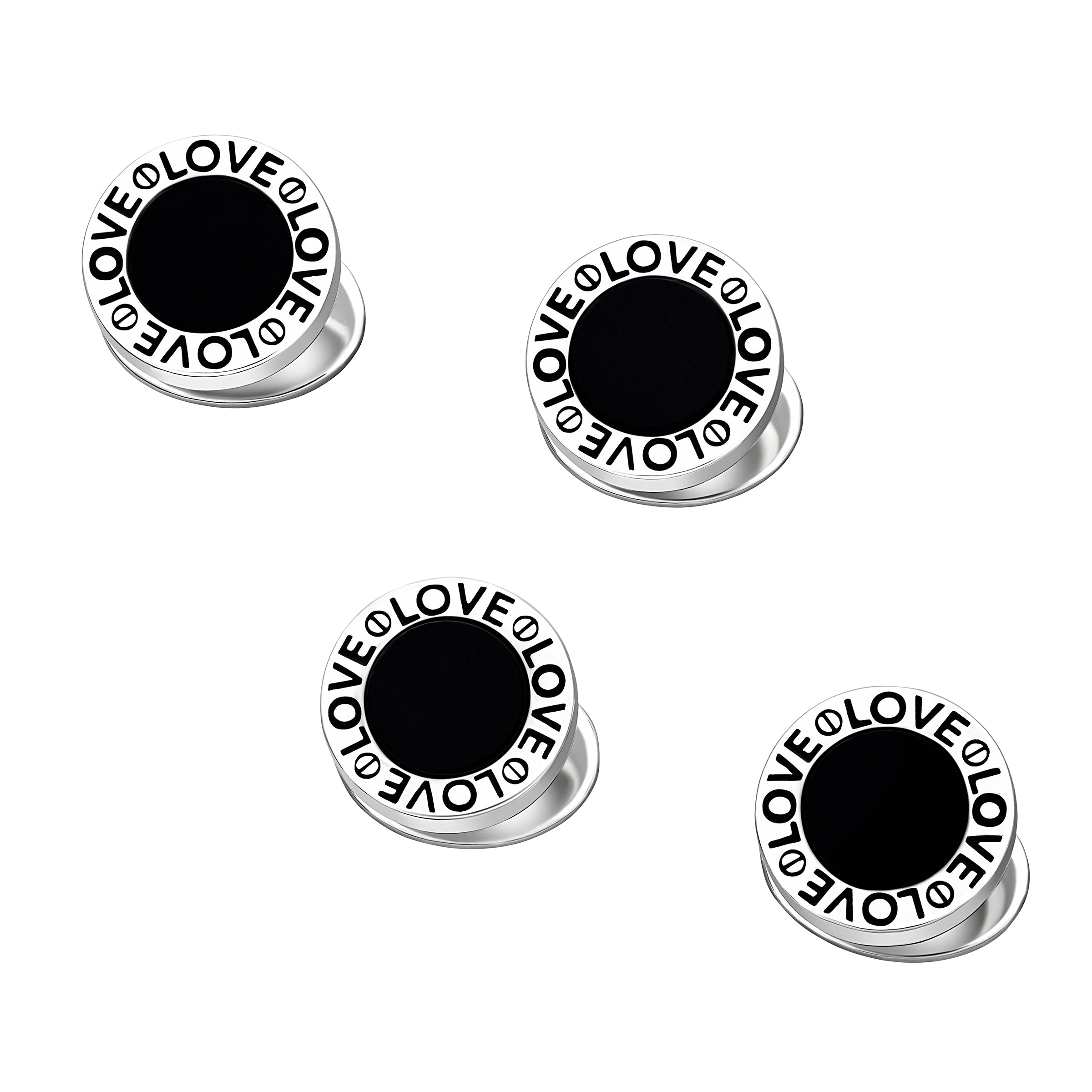 Sterling silver black onyx LOVE shirt stud set of four scattered view showing repeating LOVE text border and smooth black onyx center by Jan Leslie
