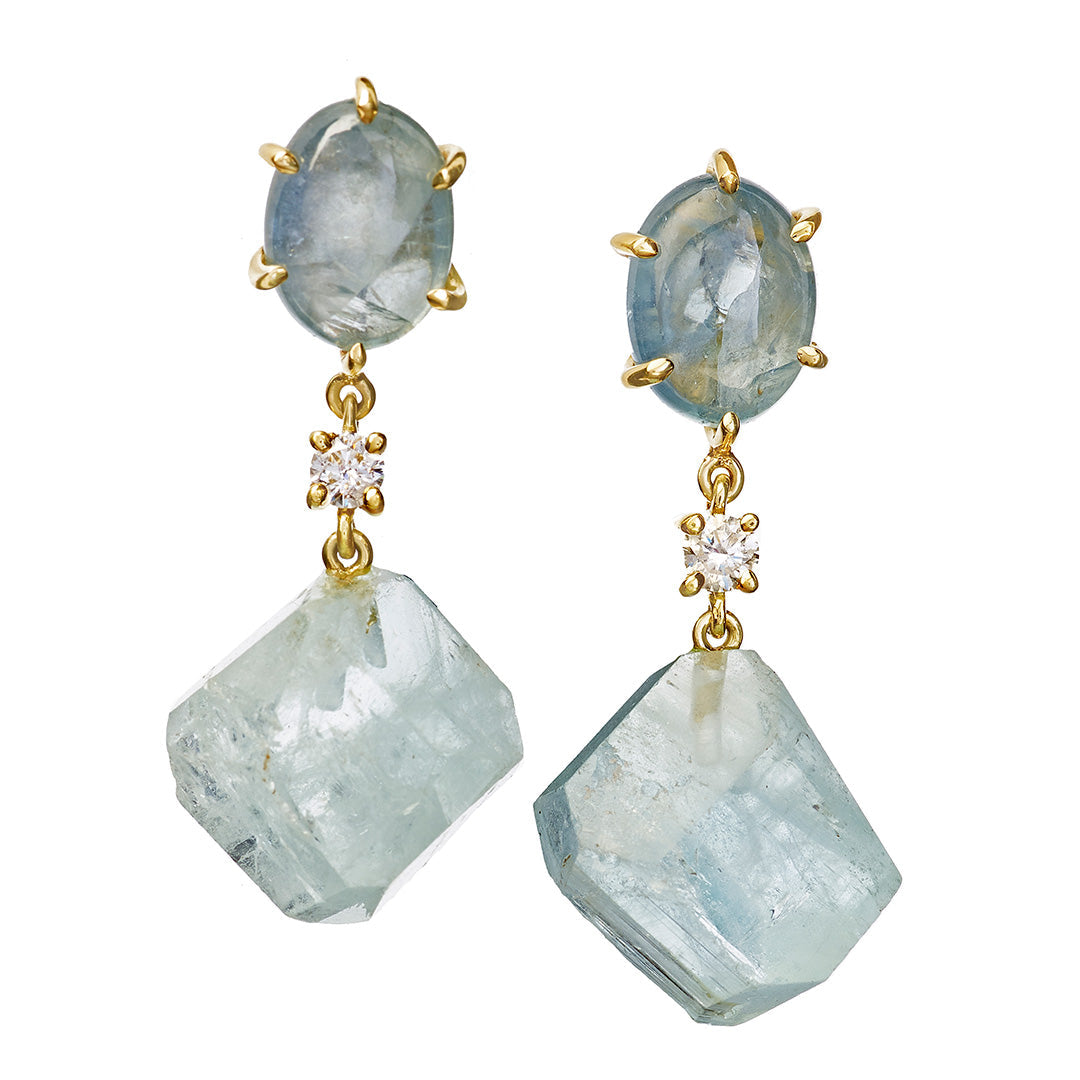 Oval Aquamarine Cabochon & Raw Aquamarine Crystal Chunk Diamond Connector 18K Gold Drop Earrings - Jan Leslie 