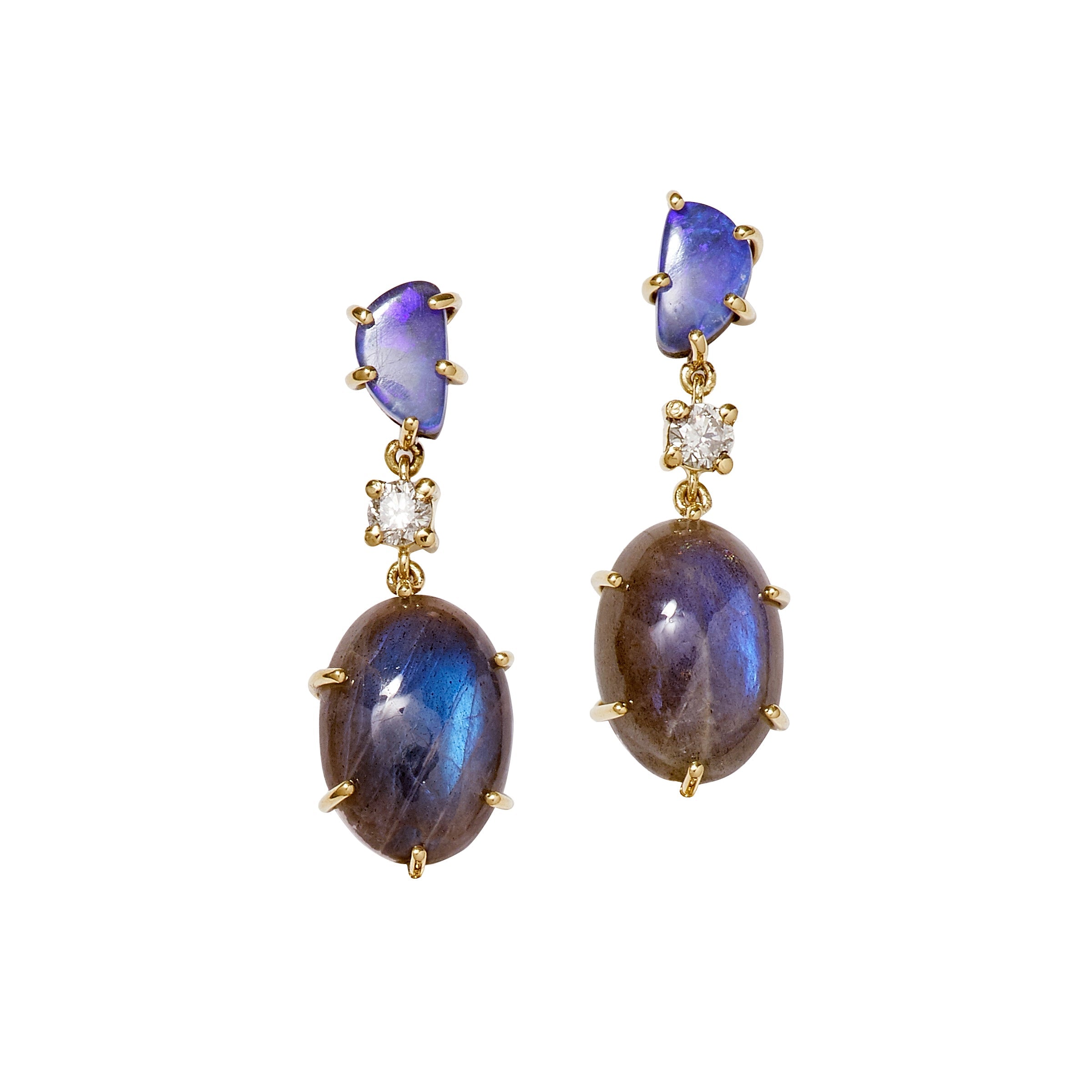 18K One of a Kind 2-Tier Gemstone Earrings: Boulder Opal Doublet and Diamond