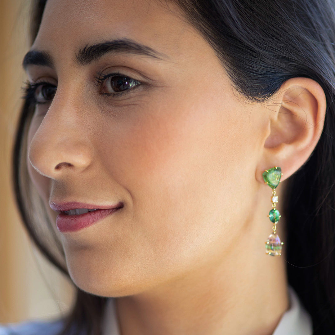 18K One of a Kind 3-Tier Gemstone Earrings: Green Tourmaline Slice, Faceted Green Tourmaline, Rainbow Fluorite & Diamond