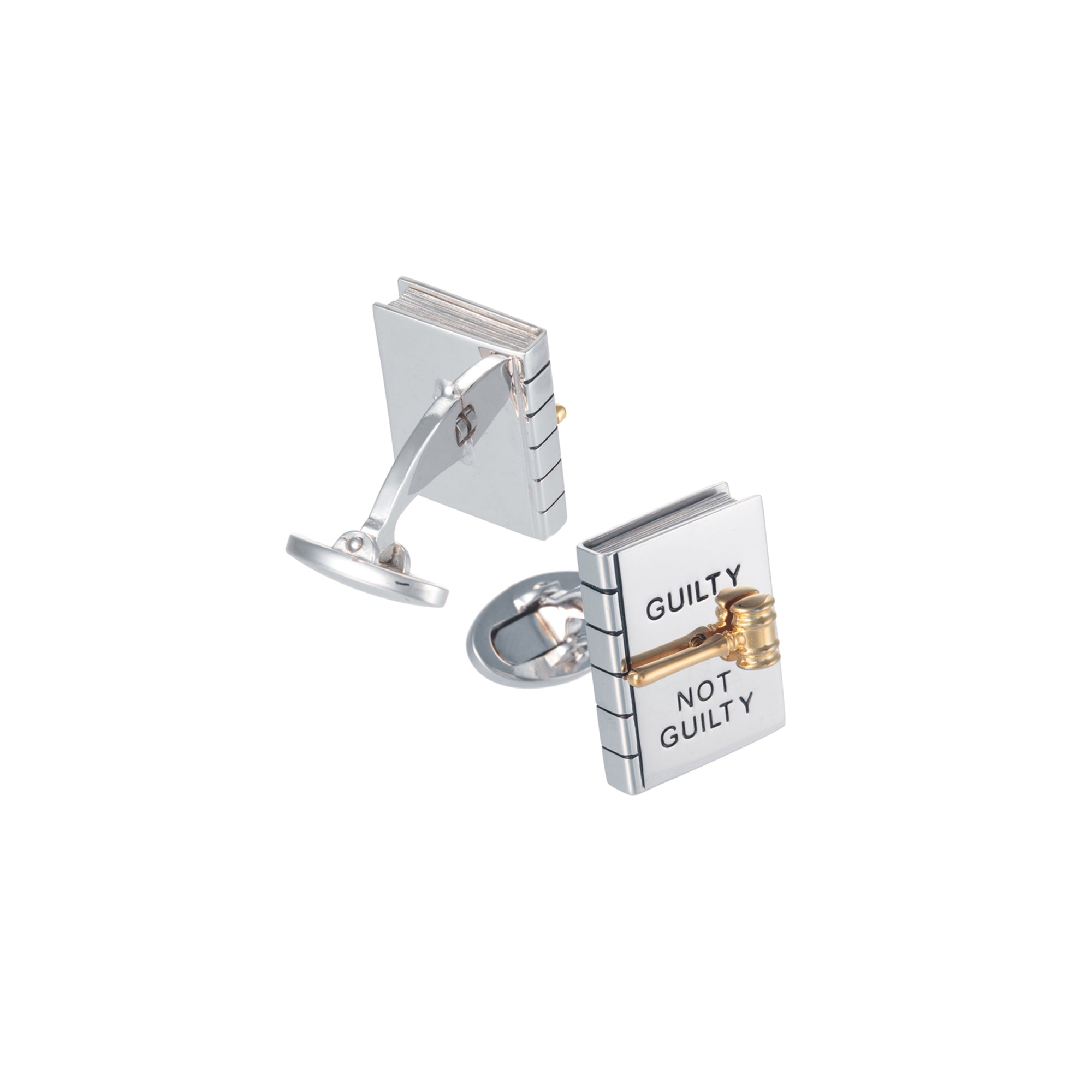 Back and front view of the Guilty or Not Guilty Moving Spinner Sterling Silver Cufflinks. 