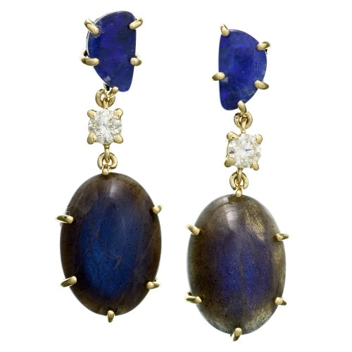 Jan Leslie 18k gold earrings with raw boulder opal studs, diamond connectors, and large oval labradorite cabochon drops